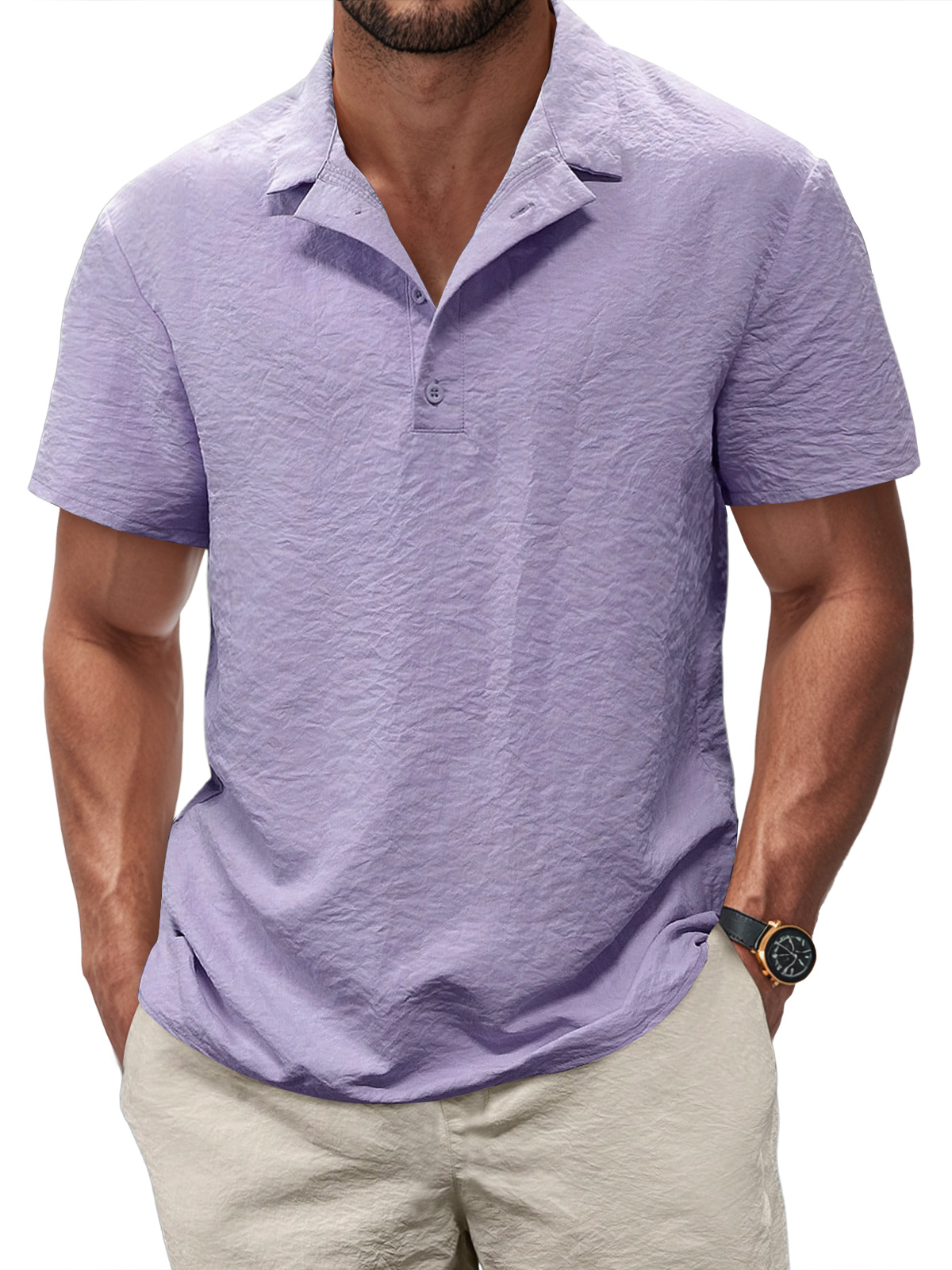 Men's Casual Pleated Texture Button Solid Color Short-sleeved Polo Shirt