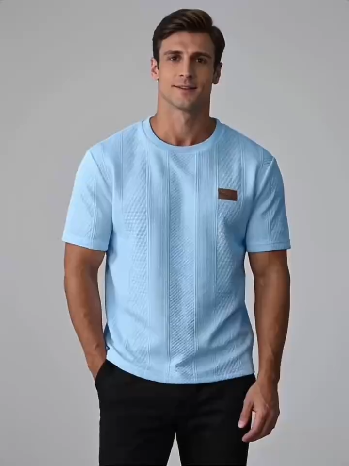 Men's Striped Jacquard Textured Casual Crew Neck Short-Sleeve T-Shirt