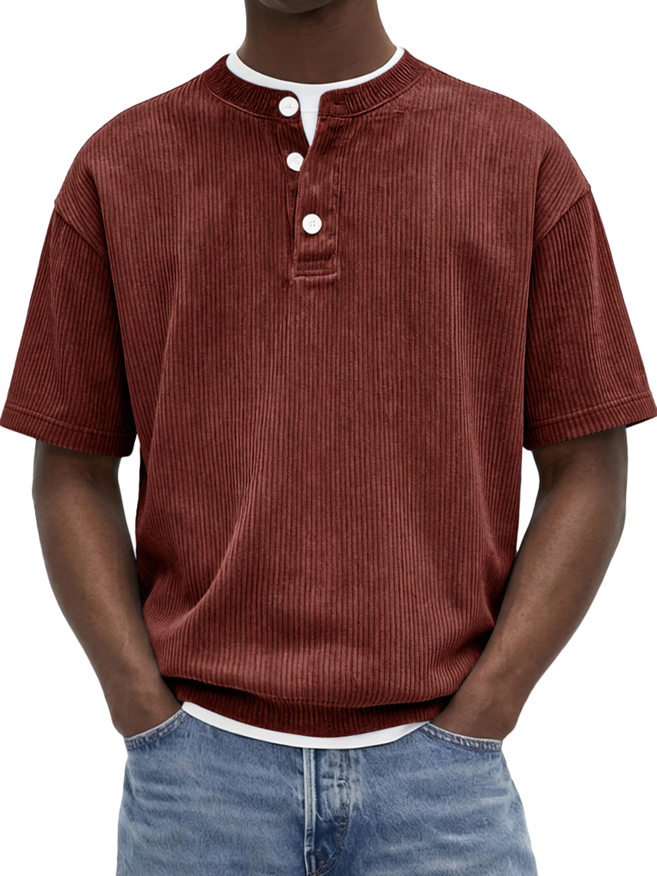 Men's Retro Corduroy Casual Short-Sleeve Henley Shirt