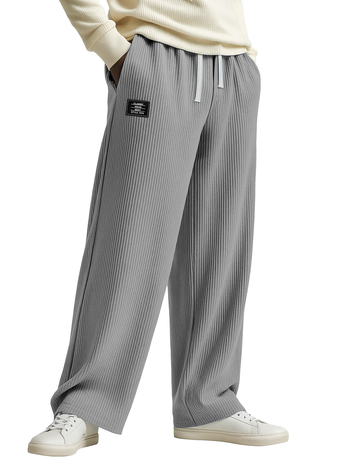 Fashionable And Casual Solid Color Vertical Pit Stripe Loose Trousers