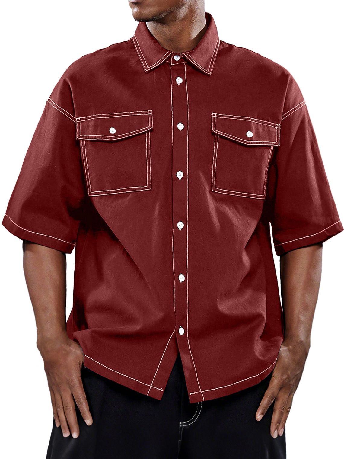 Men's Retro Workwear Double Pocket Casual Solid Color Short Sleeve Shirt