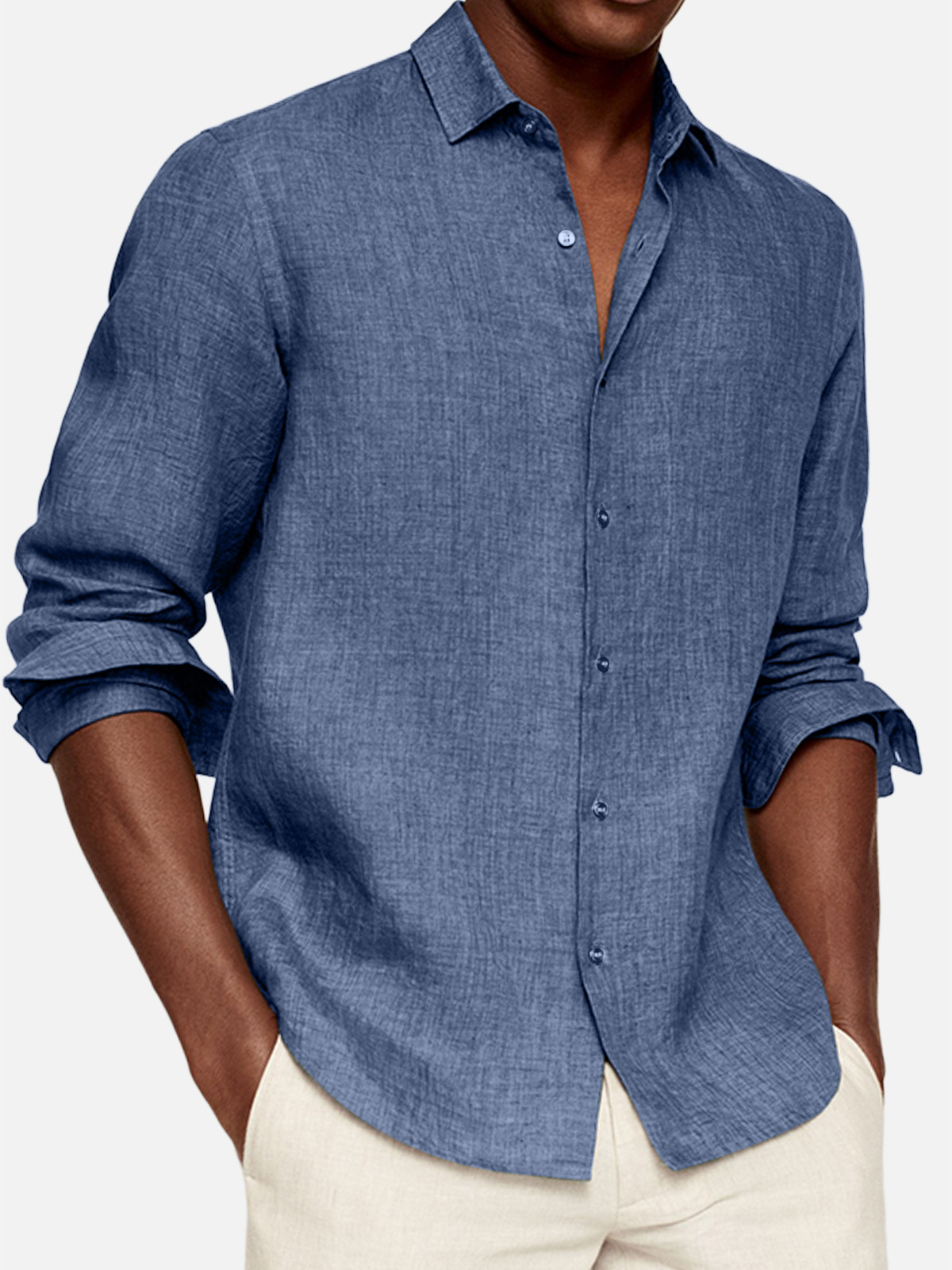 Men's Casual Cotton And Linen Solid Color Lapel Comfortable Long-sleeved Shirt