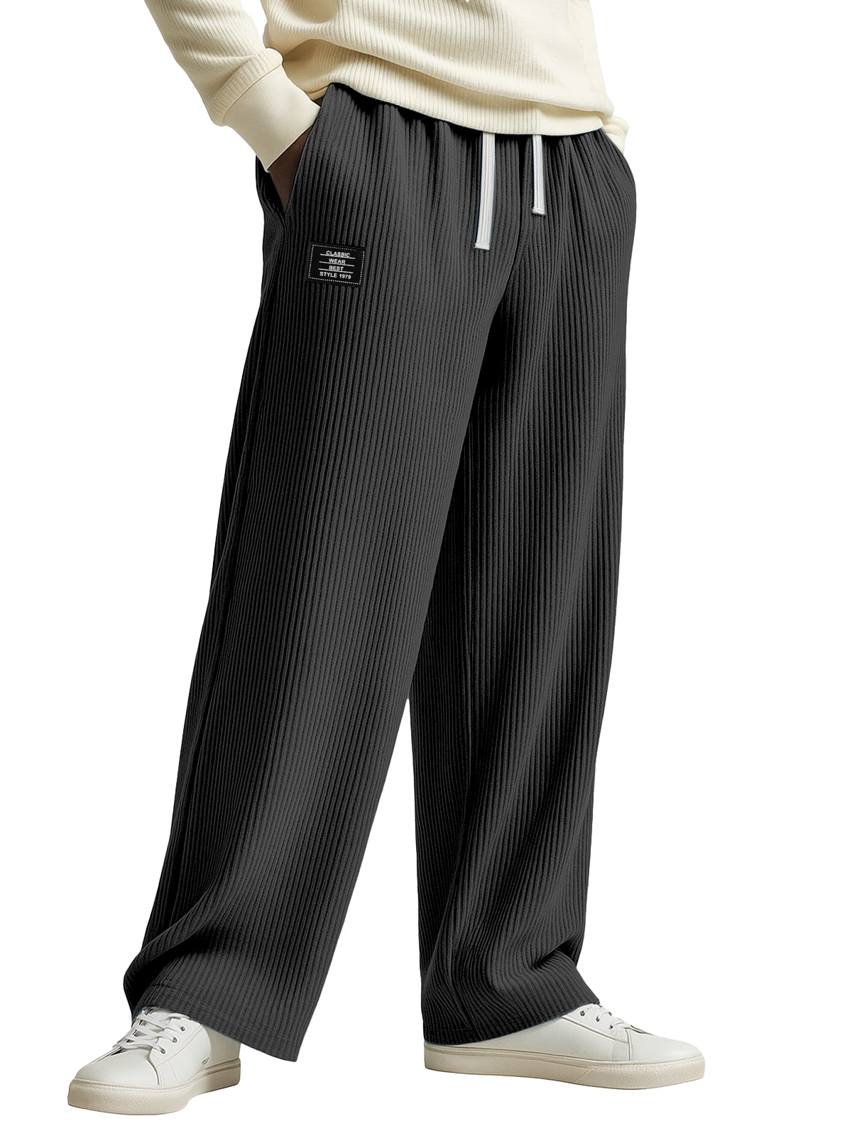 Fashionable And Casual Solid Color Vertical Pit Stripe Loose Trousers