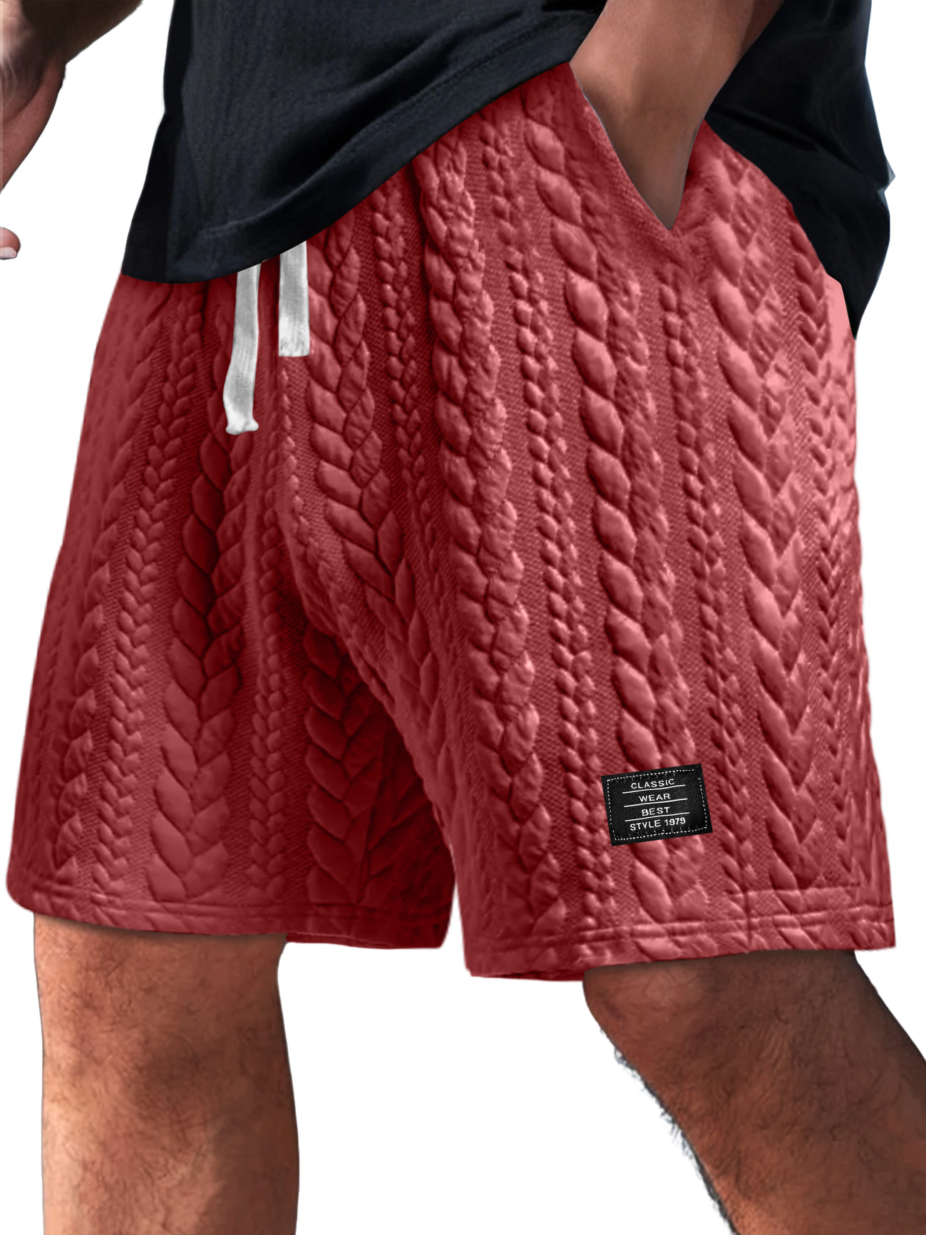 Men's Daily Twist Texture Embroidered Logo Loose Solid Color Shorts