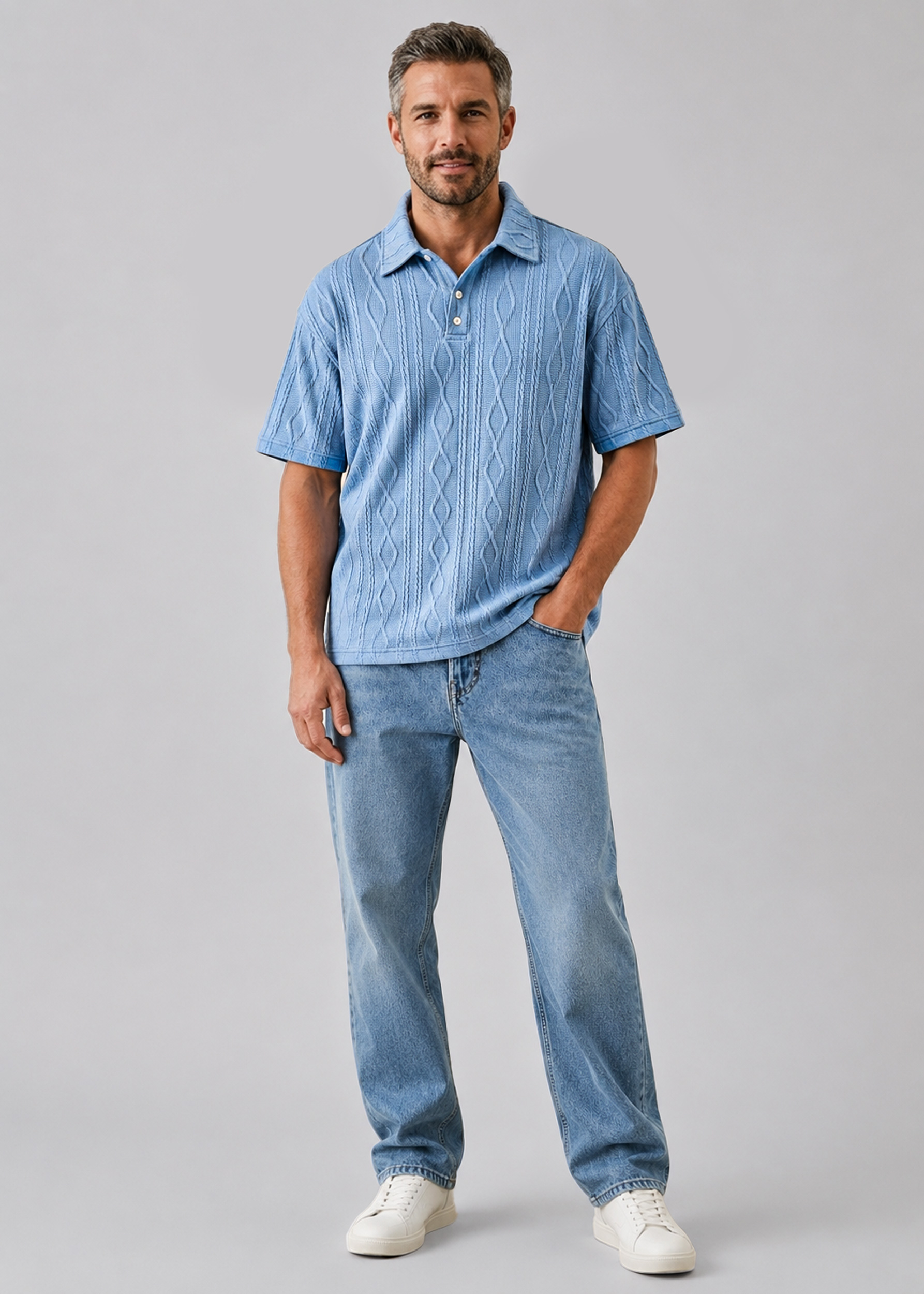 Men's Short-Sleeve Jacquard-Texture Polo Shirt with Collar and Button Placket