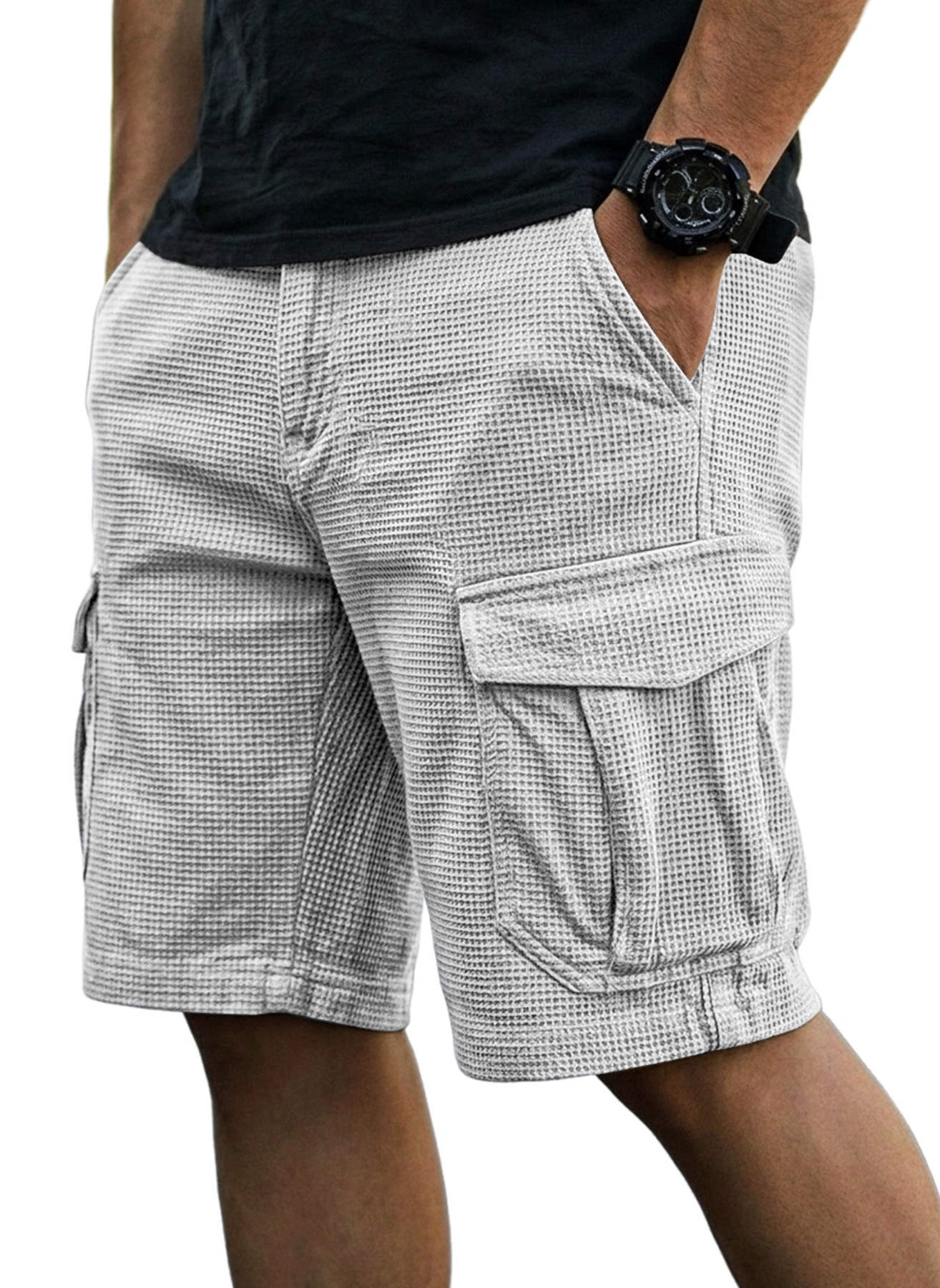 Men's Casual Waffle-Knit Multi-Pocket Cargo Shorts