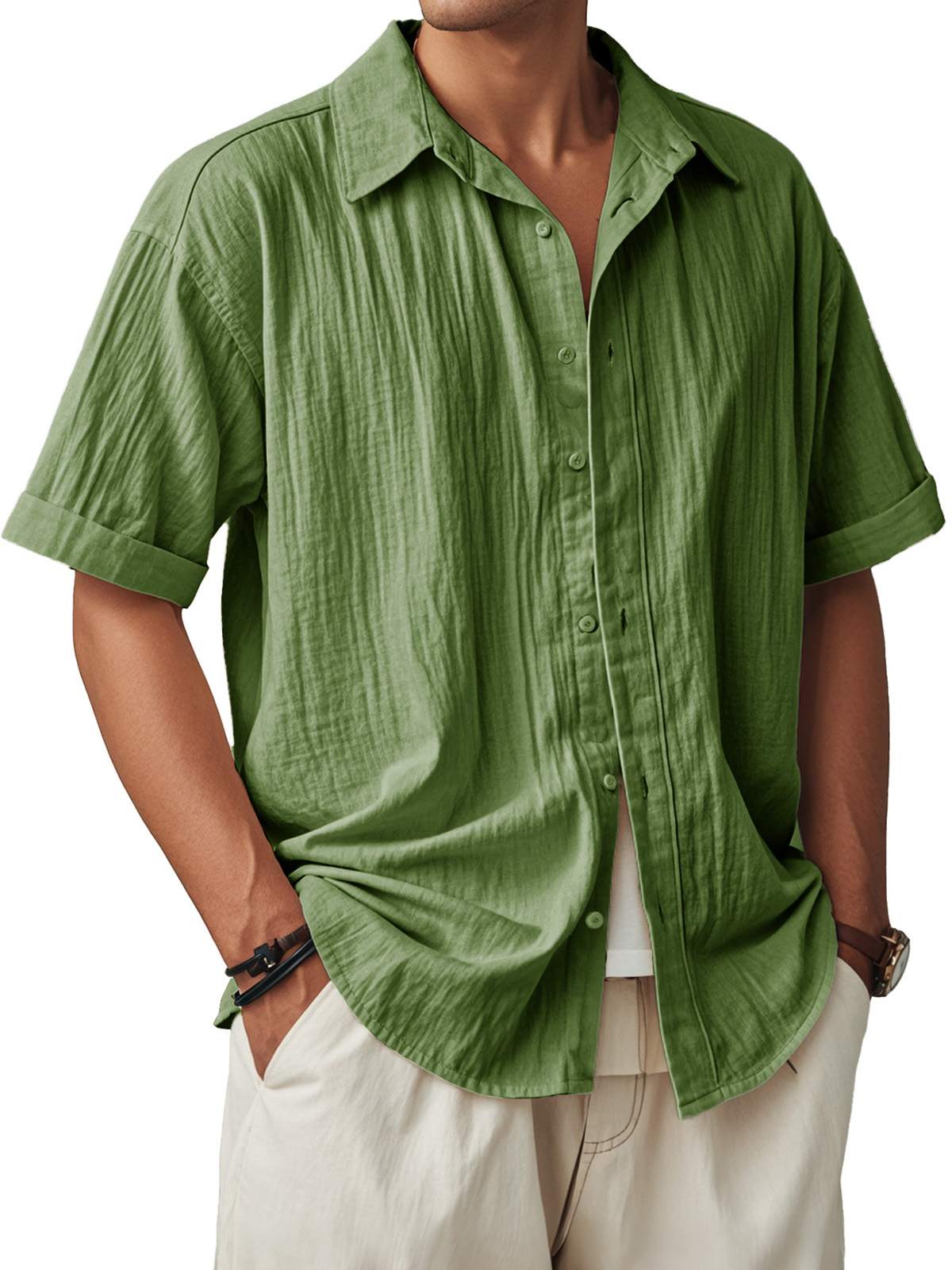 Men's Fashion Casual Pleated Fabric Short Sleeve Shirt