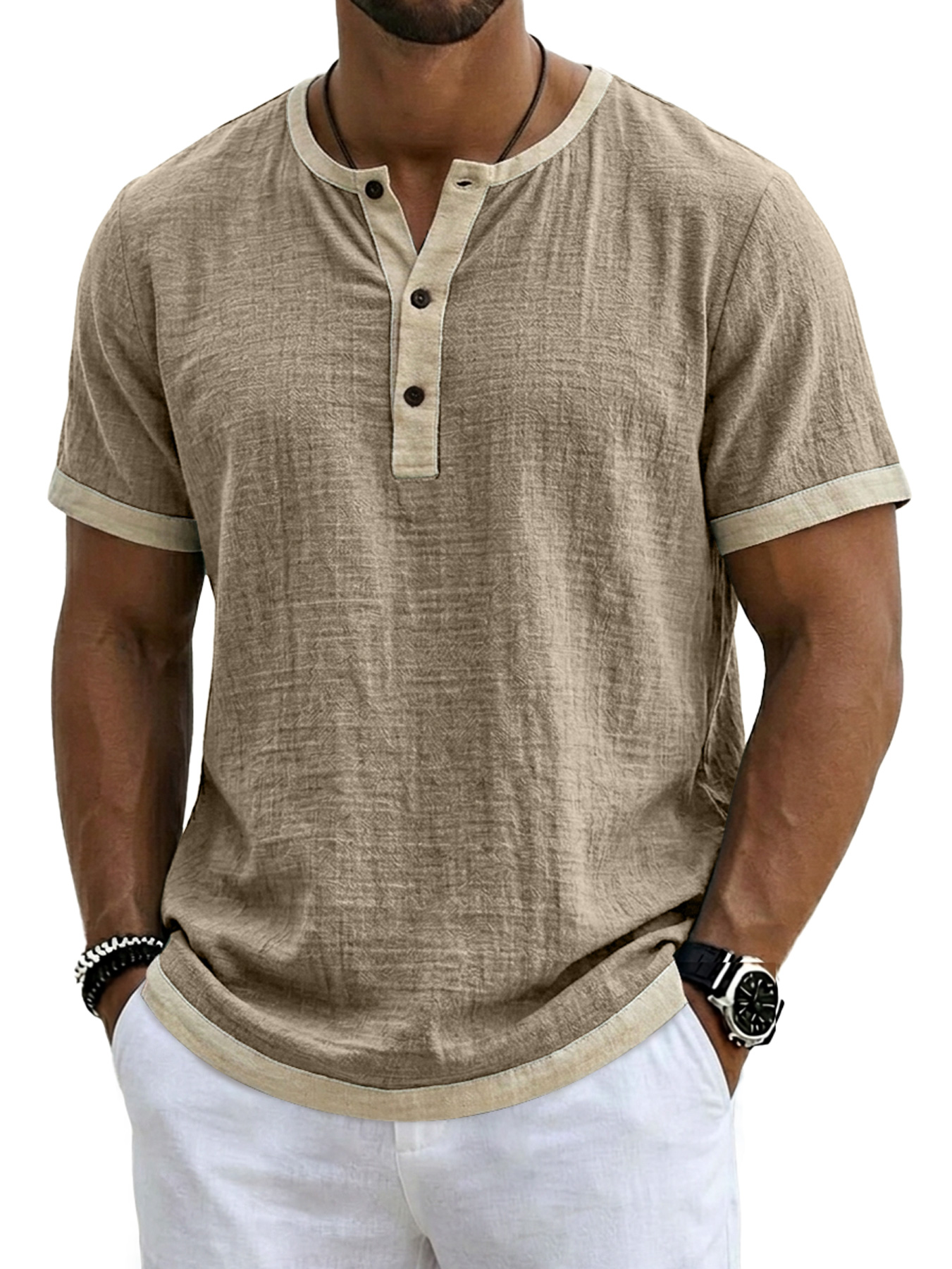 Men's Retro Linen Color Block Casual Short-Sleeve Henley Shirt