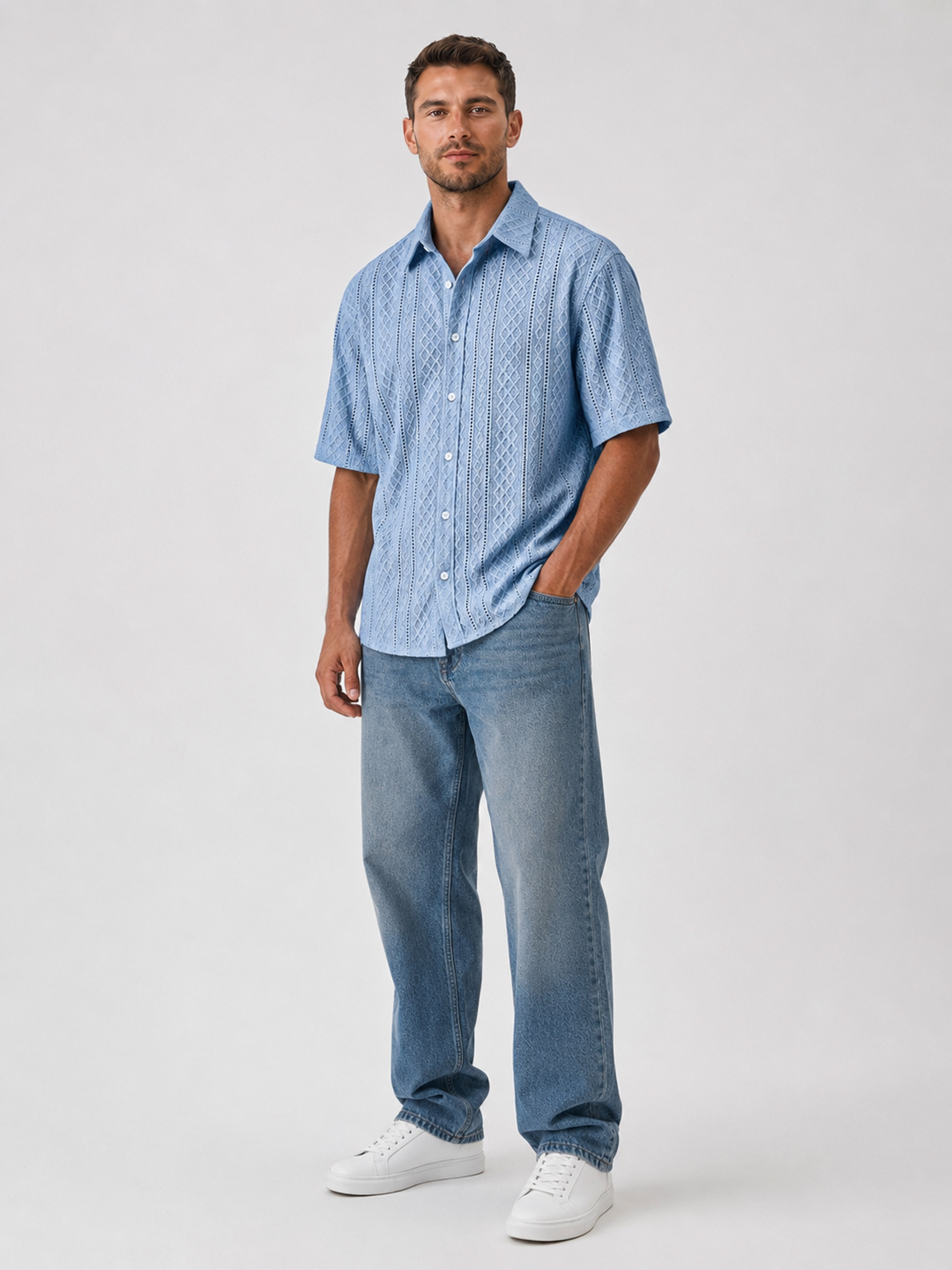 Men's Solid-Color Jacquard-Texture Casual Short-Sleeve Shirt