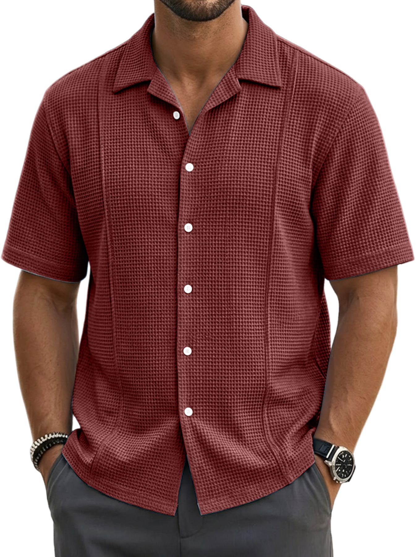 Men's waffle-knit deconstructed casual short-sleeved shirt