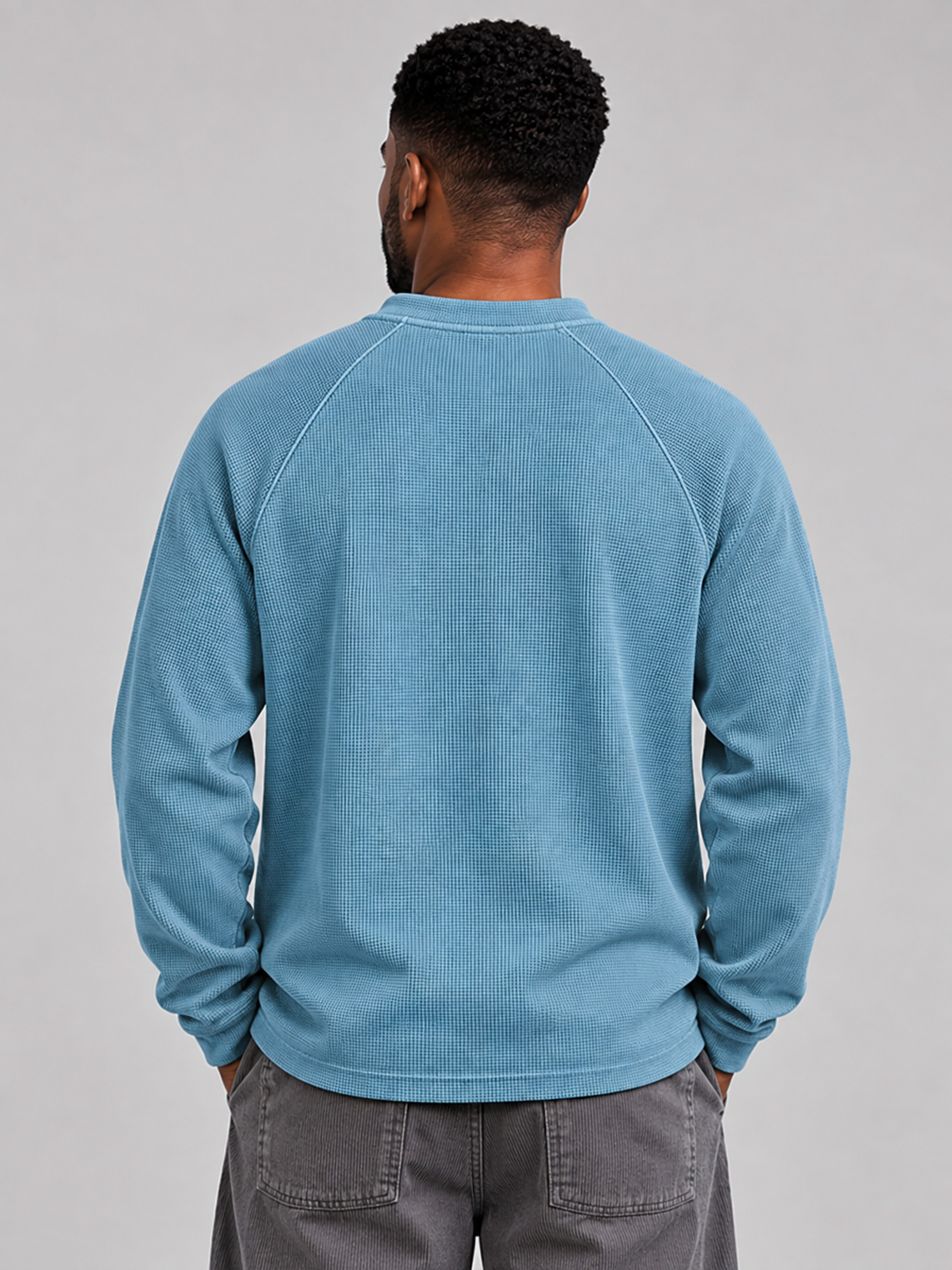 Men's Waffle-Knit Casual Long-Sleeve Henley Shirt with Stand Collar and Button Placket