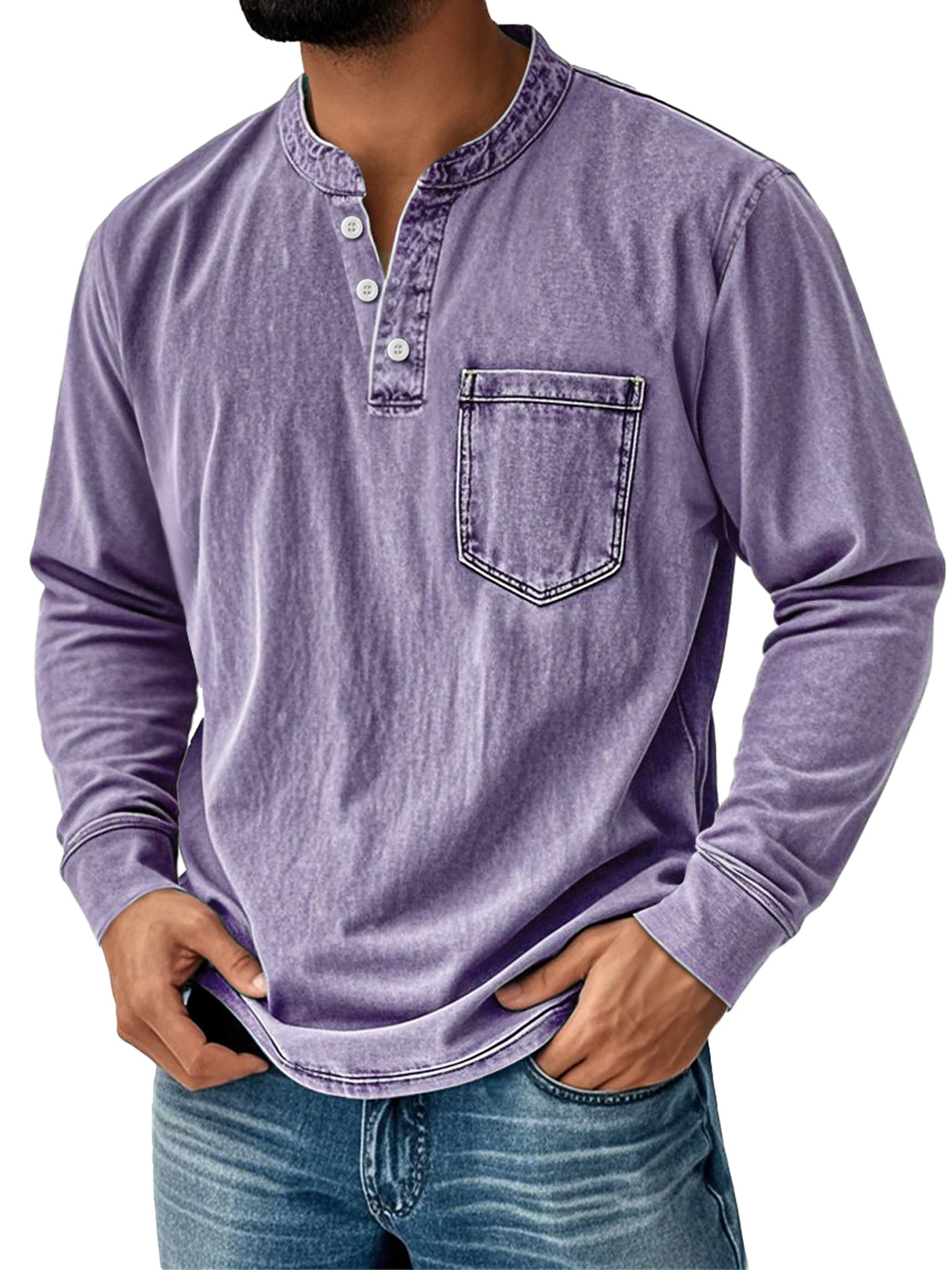 Men's Retro Stand Collar Pocket Casual Distressed Long Sleeve Henley Shirt