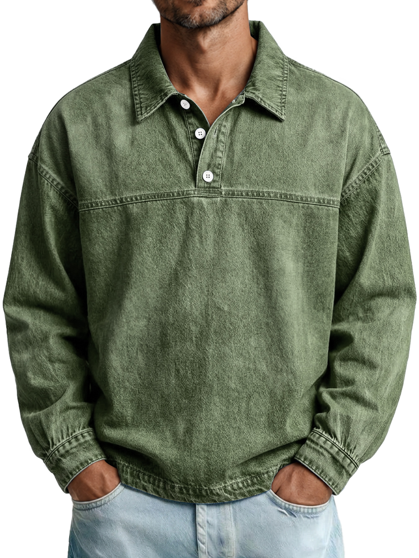 Men's Autumn Vintage Washed Cotton Long-Sleeve Casual Polo Shirt with Stitching Detail