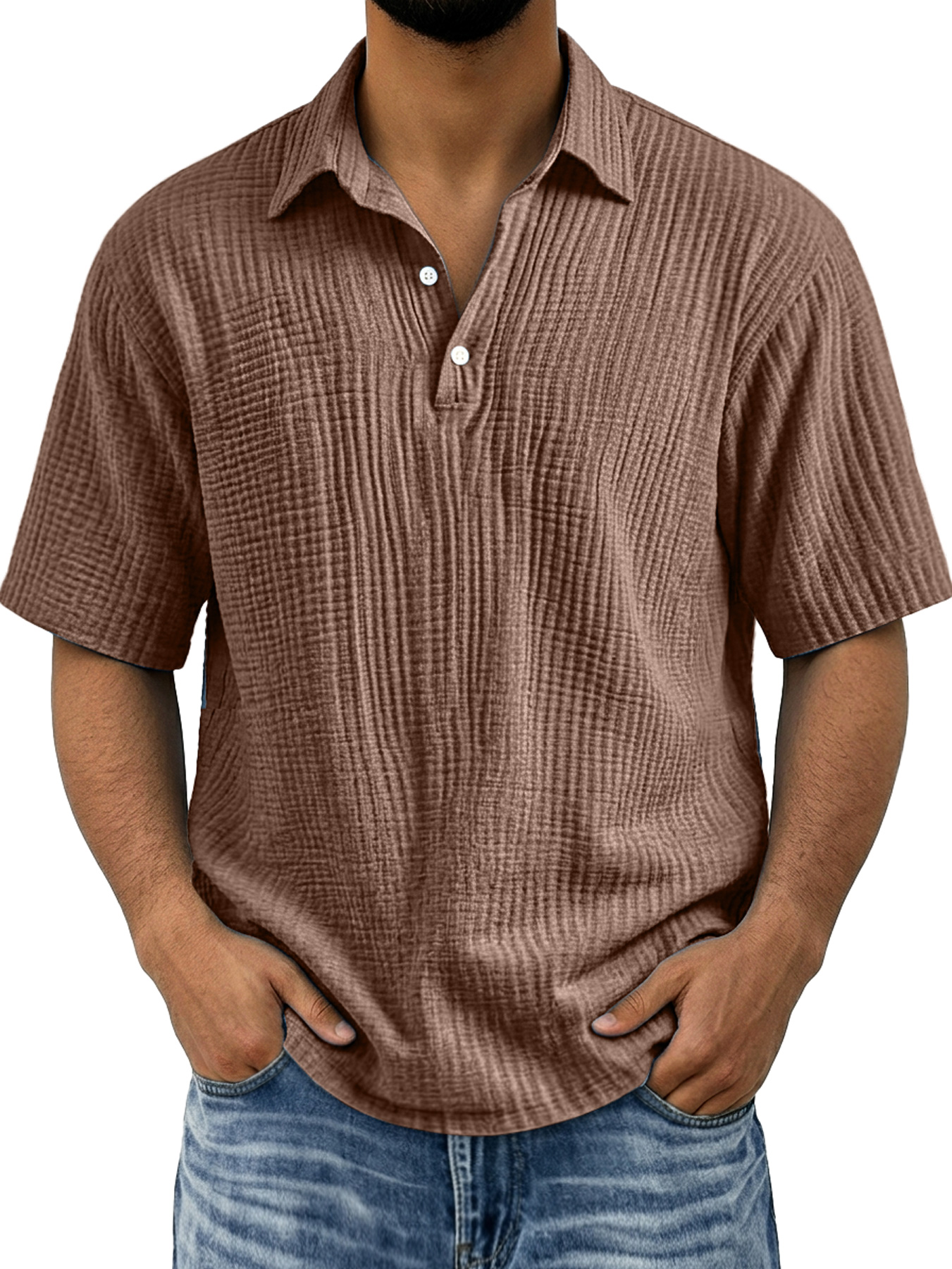Men's Polo Shirt with Pleated Collar, Button-Down Casual Solid Color Short Sleeve