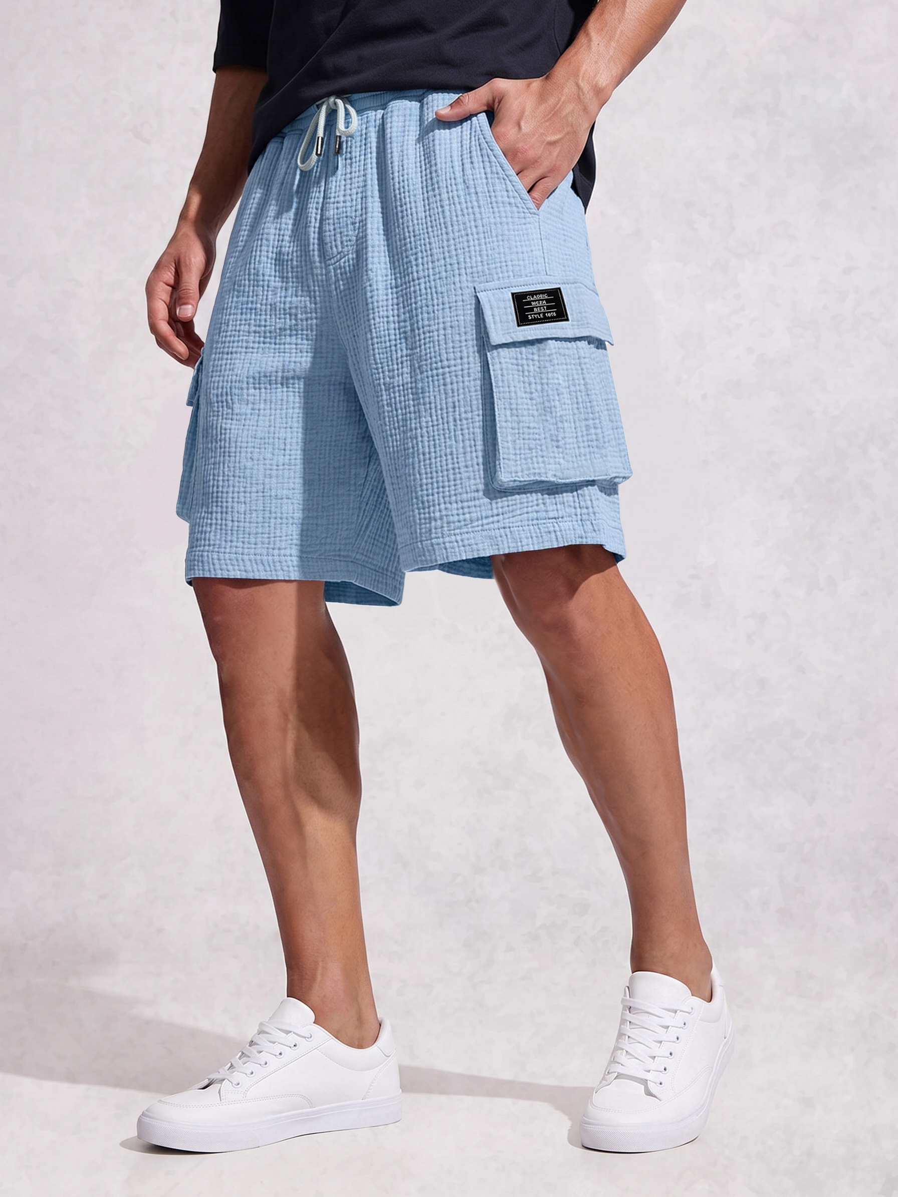 Men's Casual Multi-Pocket Cargo Shorts with Textured Pleats and Embroidered Logo