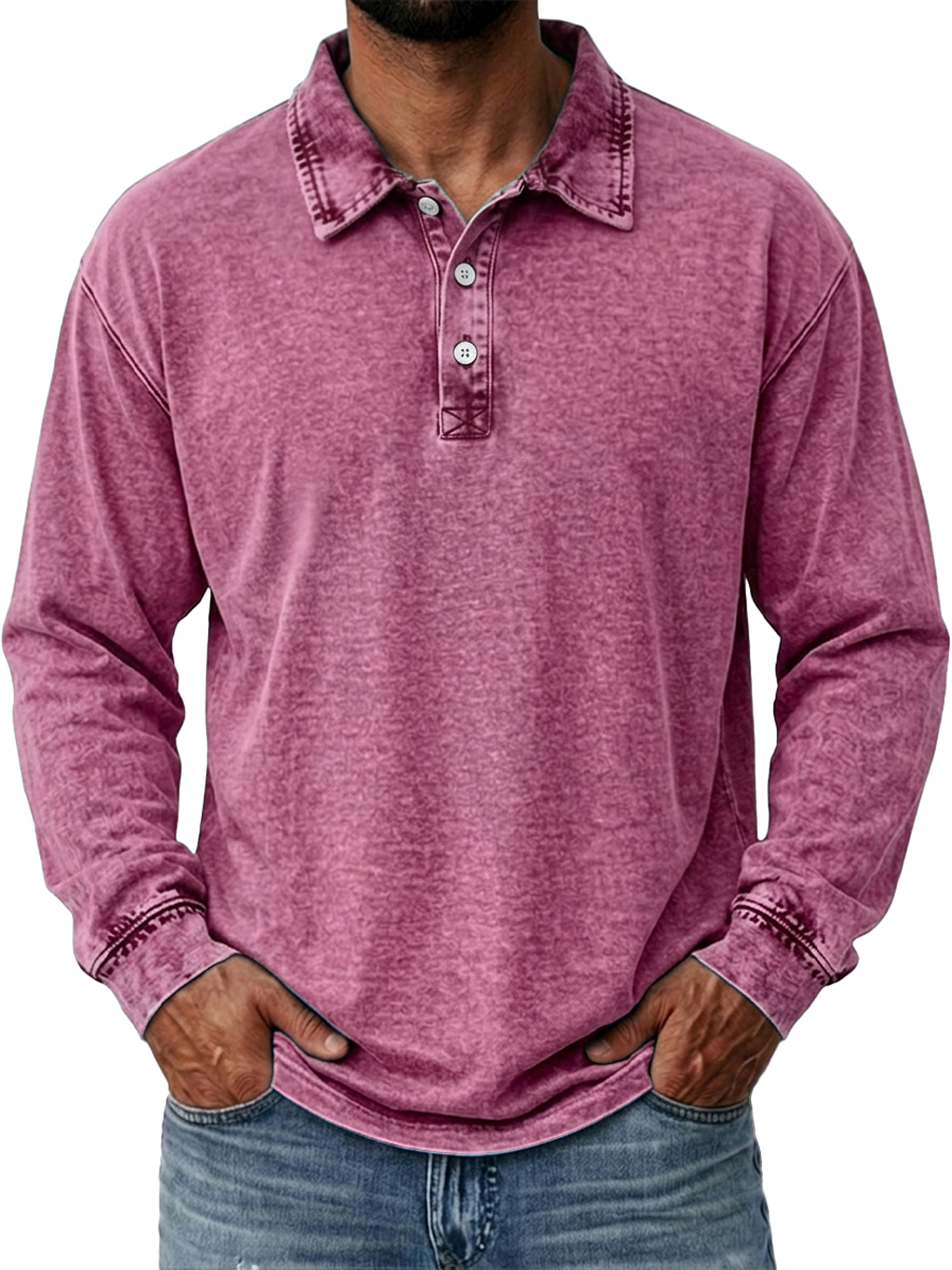 Men's Vintage Washed Cotton Long-Sleeve Polo Shirt with Collar and Button Placket