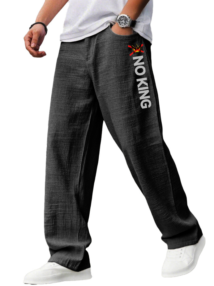 "no King" Letter-printed Casual Linen Fabric Loose Pocket Pants