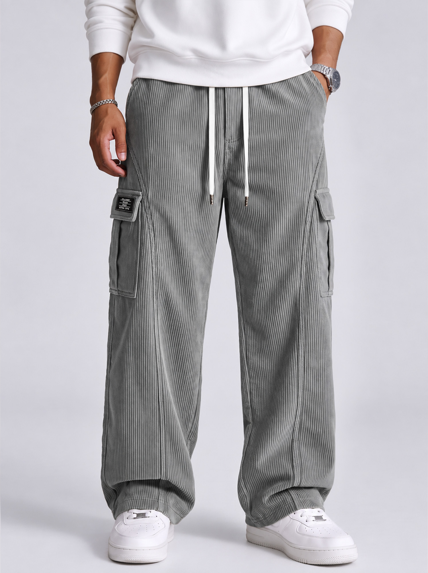 Men's Corduroy-Paneled Casual Cargo Pants with Contrast Stitching and Multiple Pockets