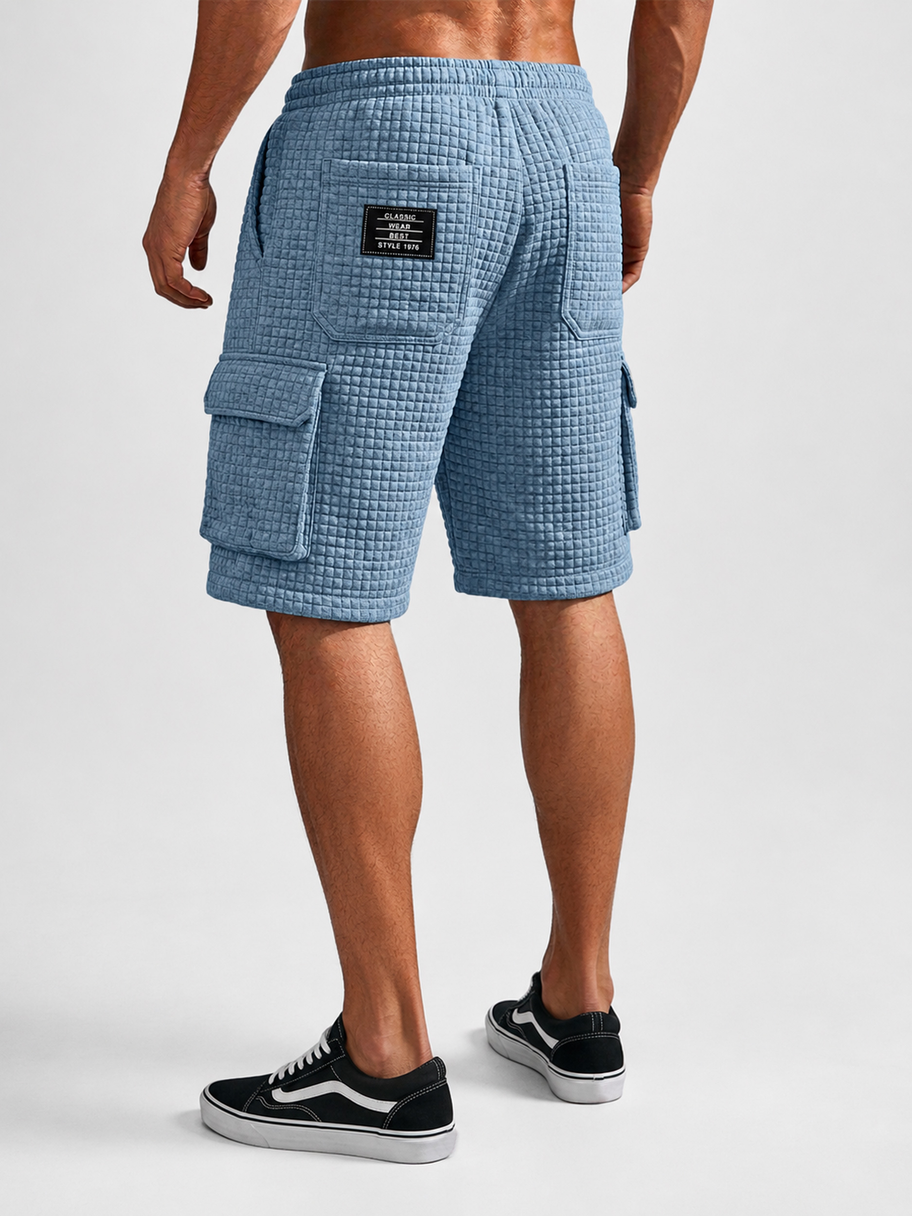 Men's Small-Check Multi-Pocket Casual Utility Shorts with Embroidered Logo