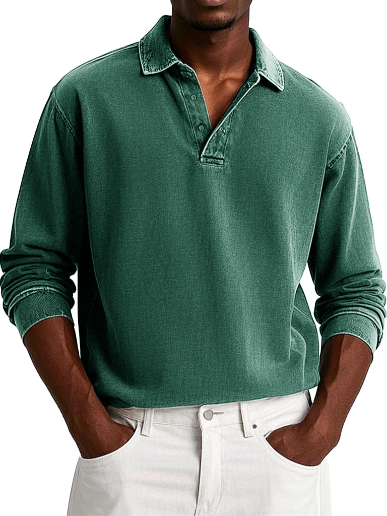 Men's Fashion Casual Retro Distressed Lapel Long-sleeved Polo Shirt 