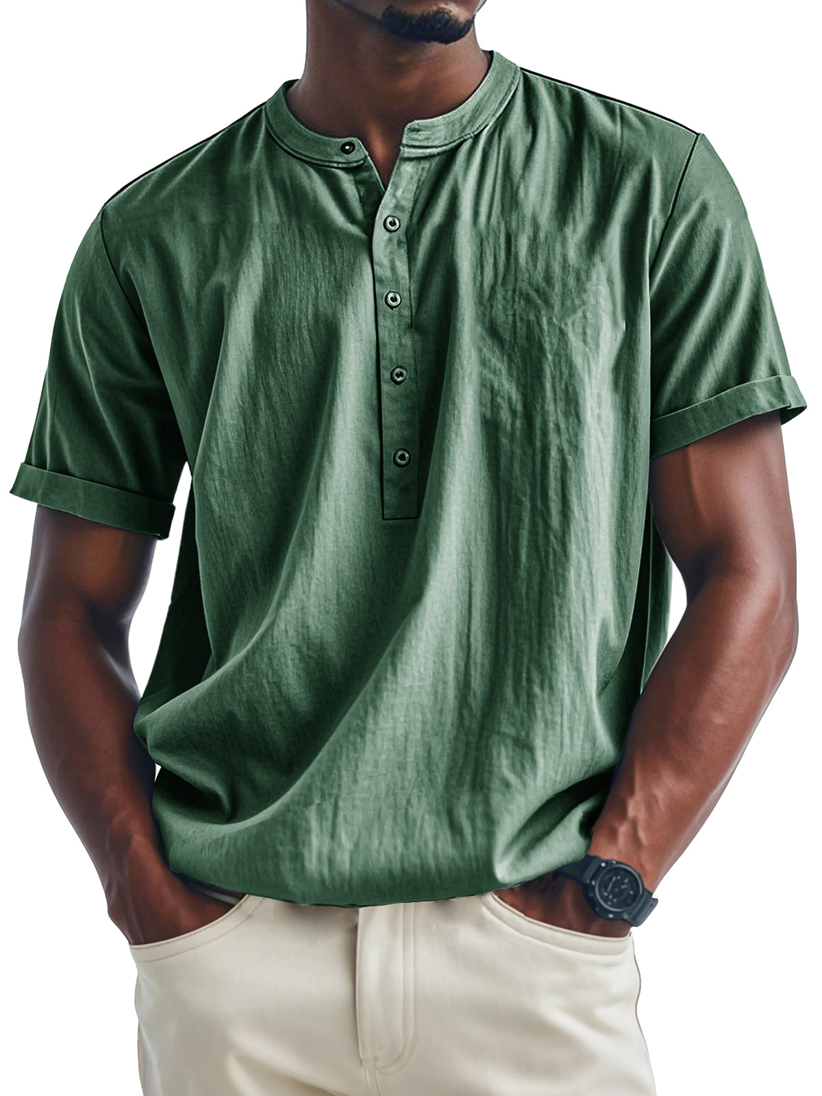 Men's Fashion Casual Stand Collar Multi-Button Short Sleeve Henley Shirt