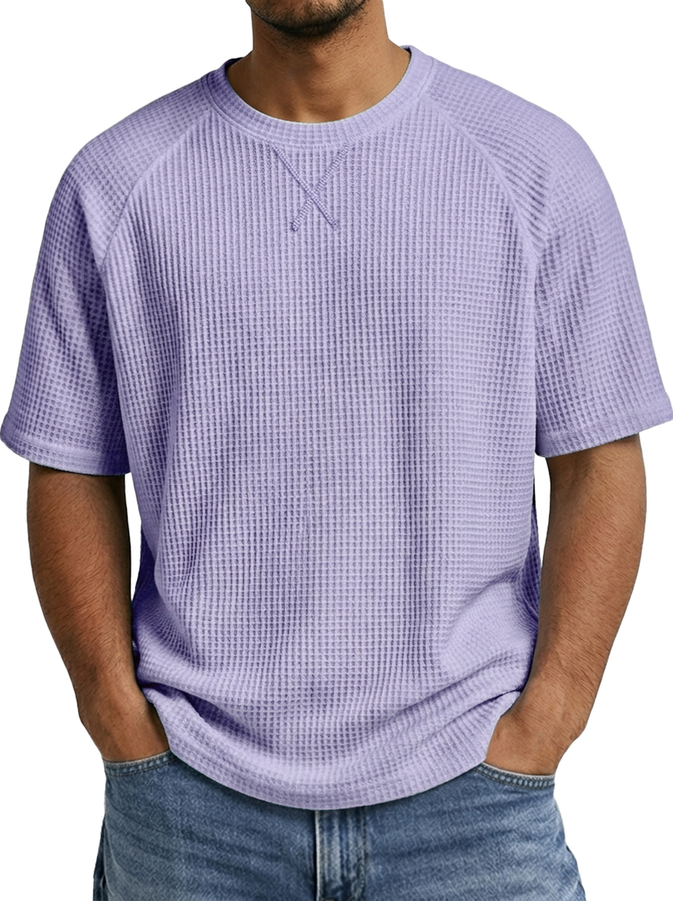 Men's Crew Neck Raglan Waffle Crossover Design Casual Short-Sleeve T-Shirt
