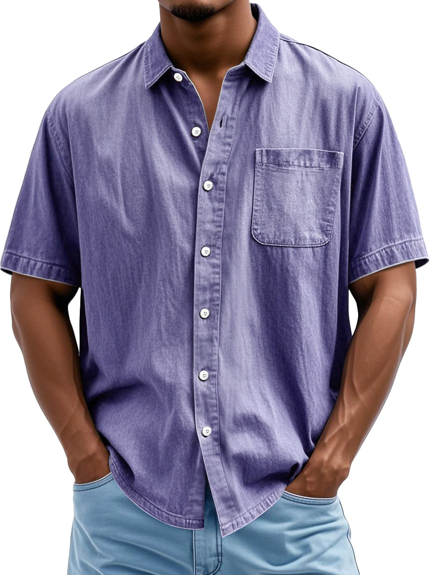 Men's Fashion Casual Lapel Pocket Solid Color Short Shirt