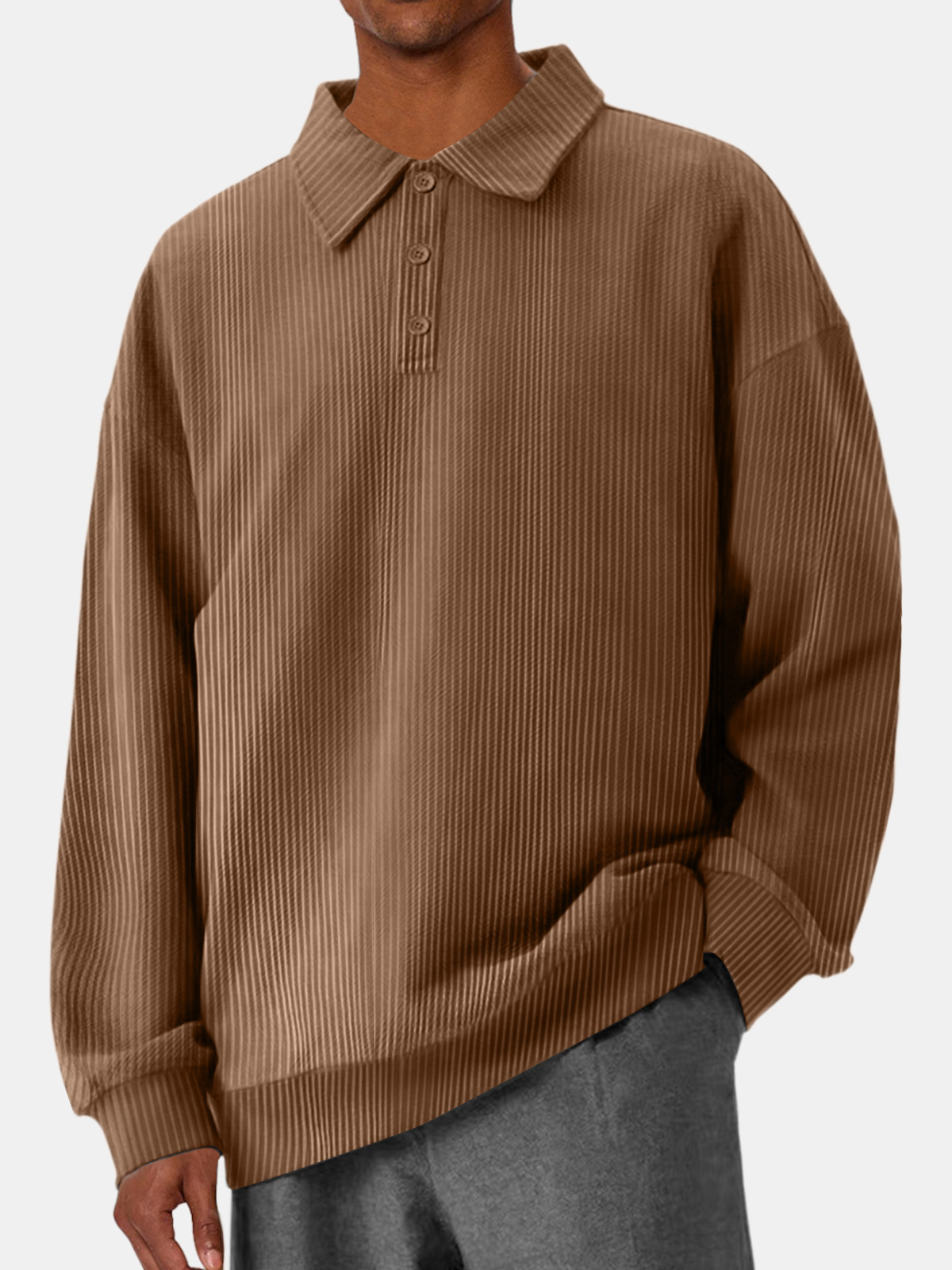 Men's Casual Pit Lapel Button Solid Color Comfortable Polo Sweatshirt