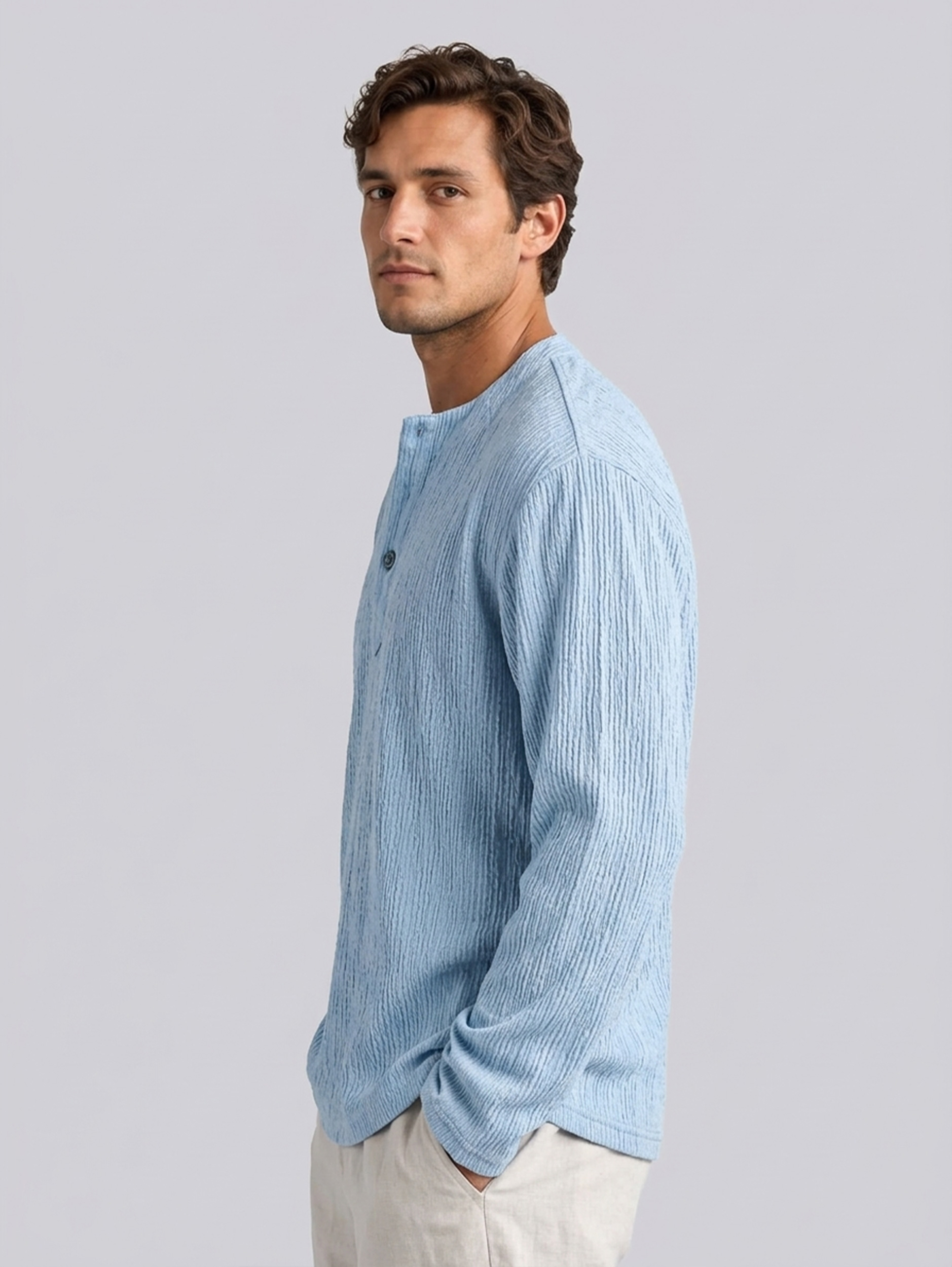 Men's Casual Textured Comfortable Long-Sleeve Henley Shirt