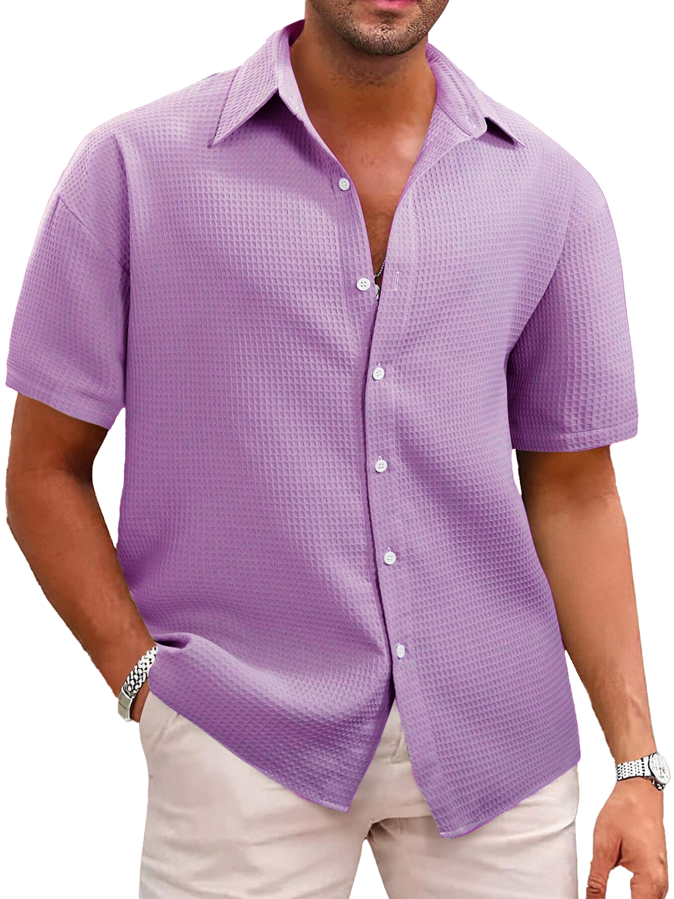 Hawaiian Men's Casual Lapel Waffle Fabric Short Sleeve Shirt