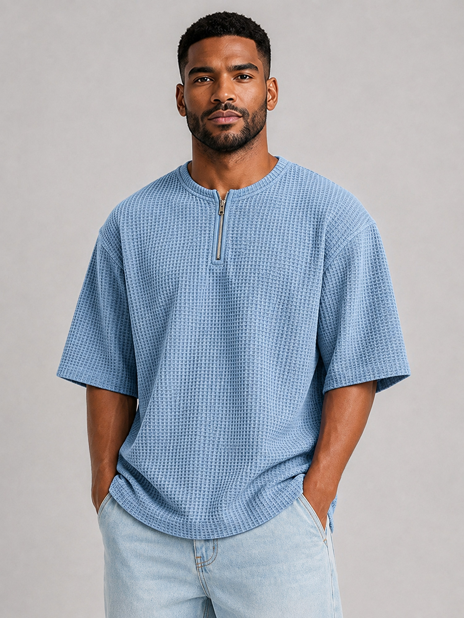 Men's Waffle-Knit Crew-Neck Short-Sleeve T-Shirt with Zipper Detail
