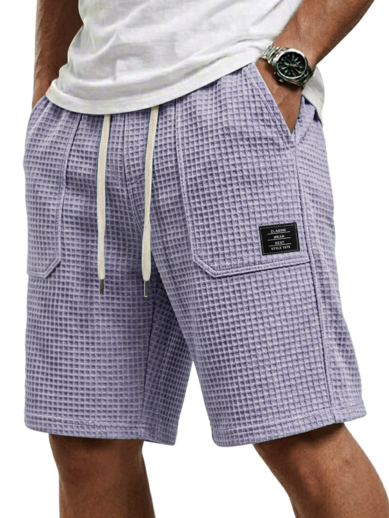 Men's Waffle Patch Pocket Embroidered Logo Casual Shorts