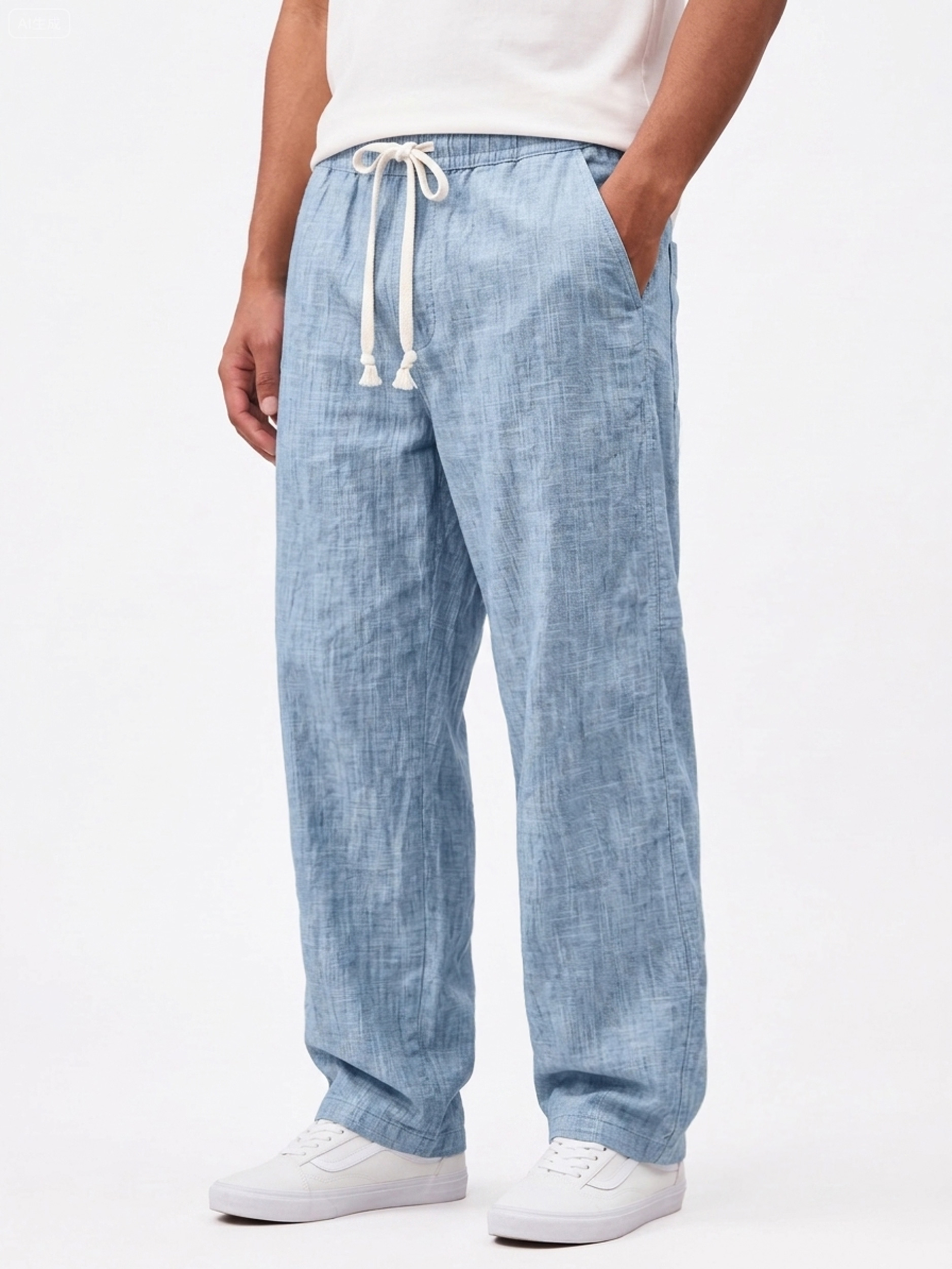 Men's Casual Linen Cargo Trousers with Embroidered Logo and Multiple Pockets