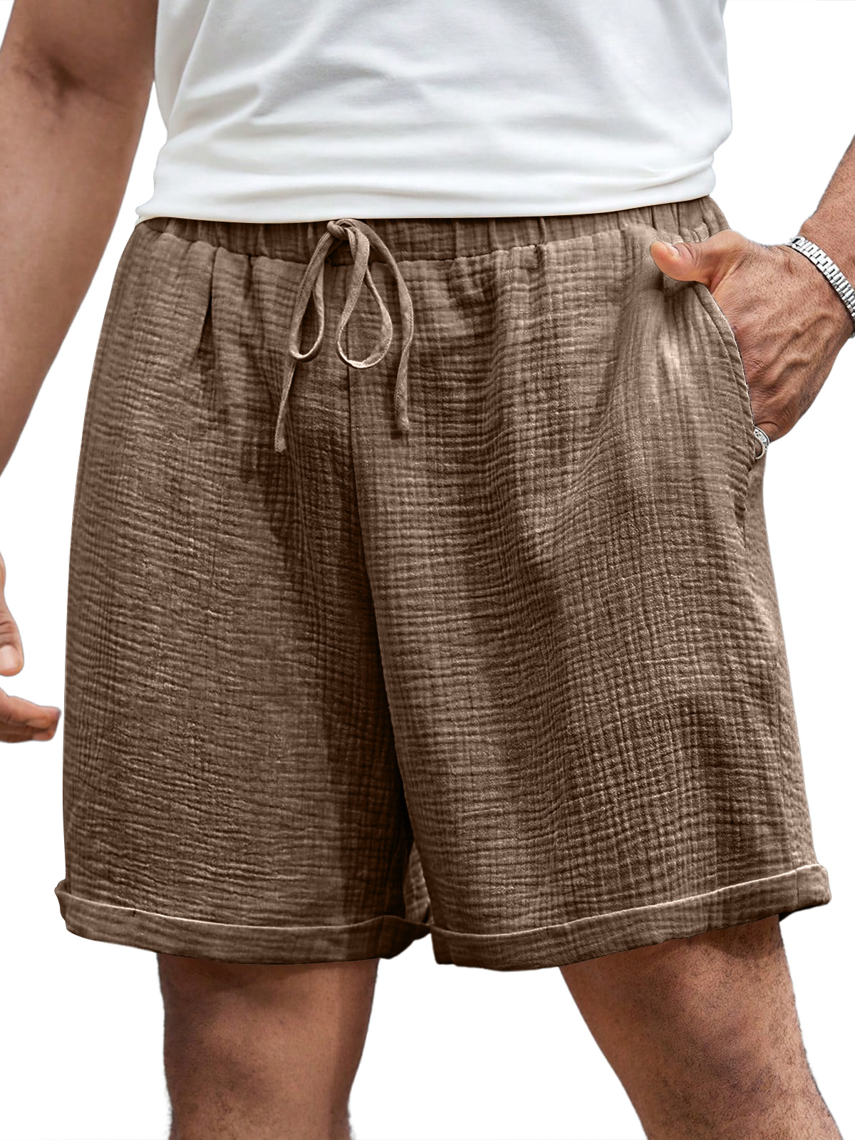 Men's Casual Pleated Elastic Waist Comfort Solid Color Shorts
