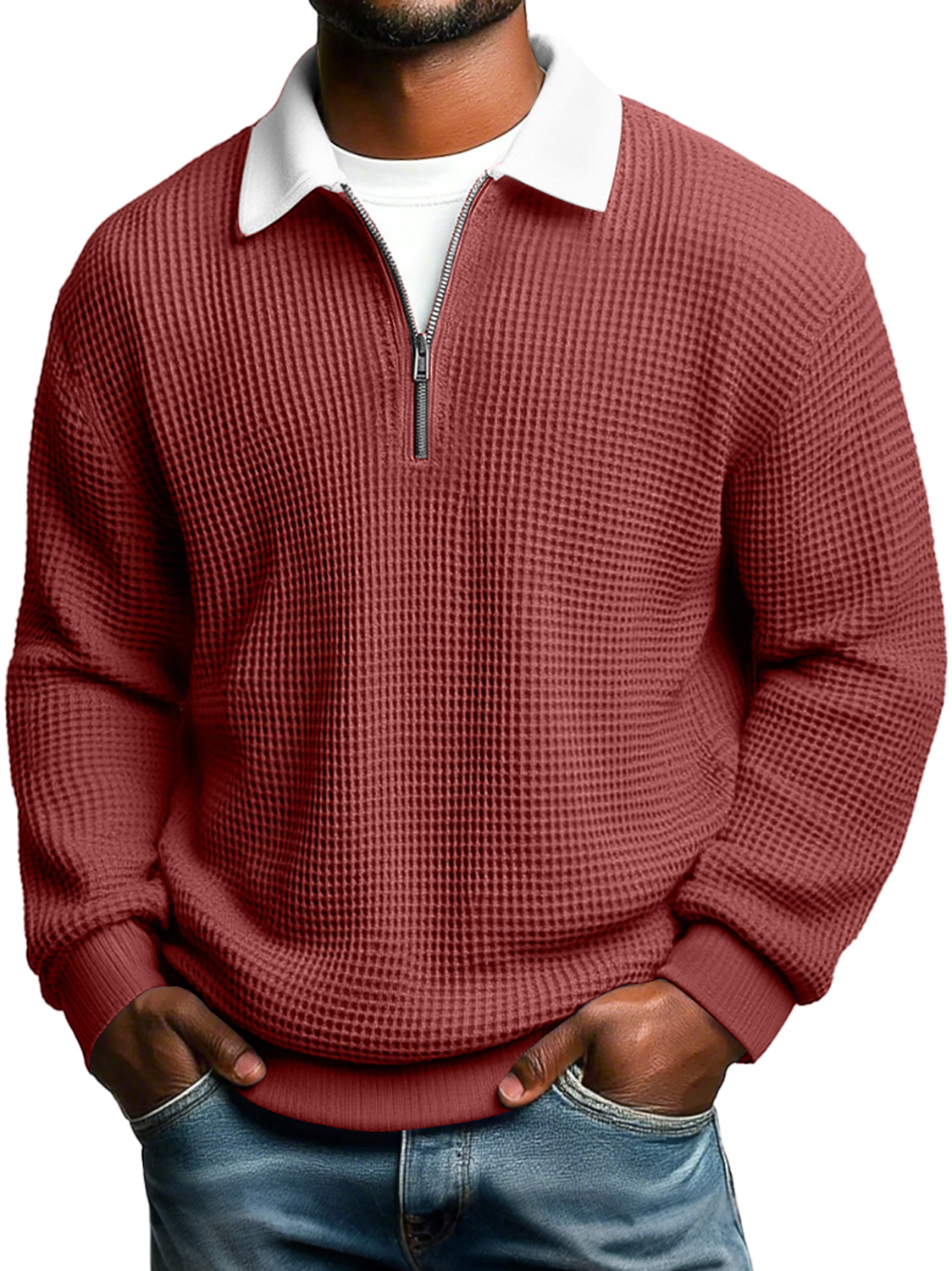 Simple Waffle-knit Collared Zip-up Casual Loose Long-sleeved Polo Shirt