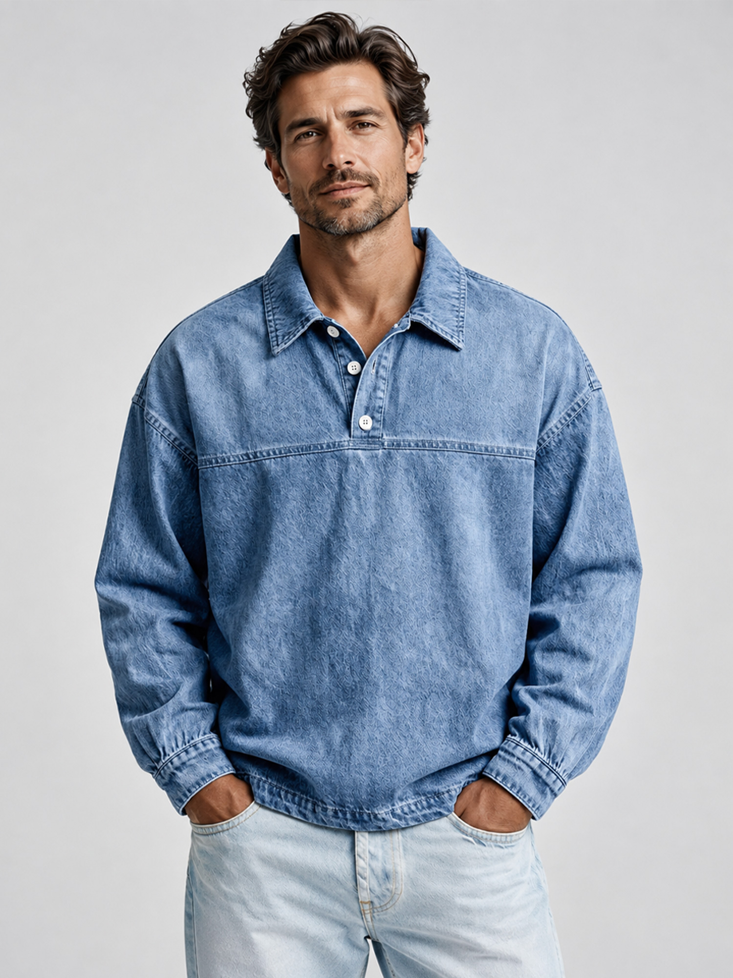 Men's Autumn Vintage Washed Cotton Long-Sleeve Casual Polo Shirt with Stitching Detail