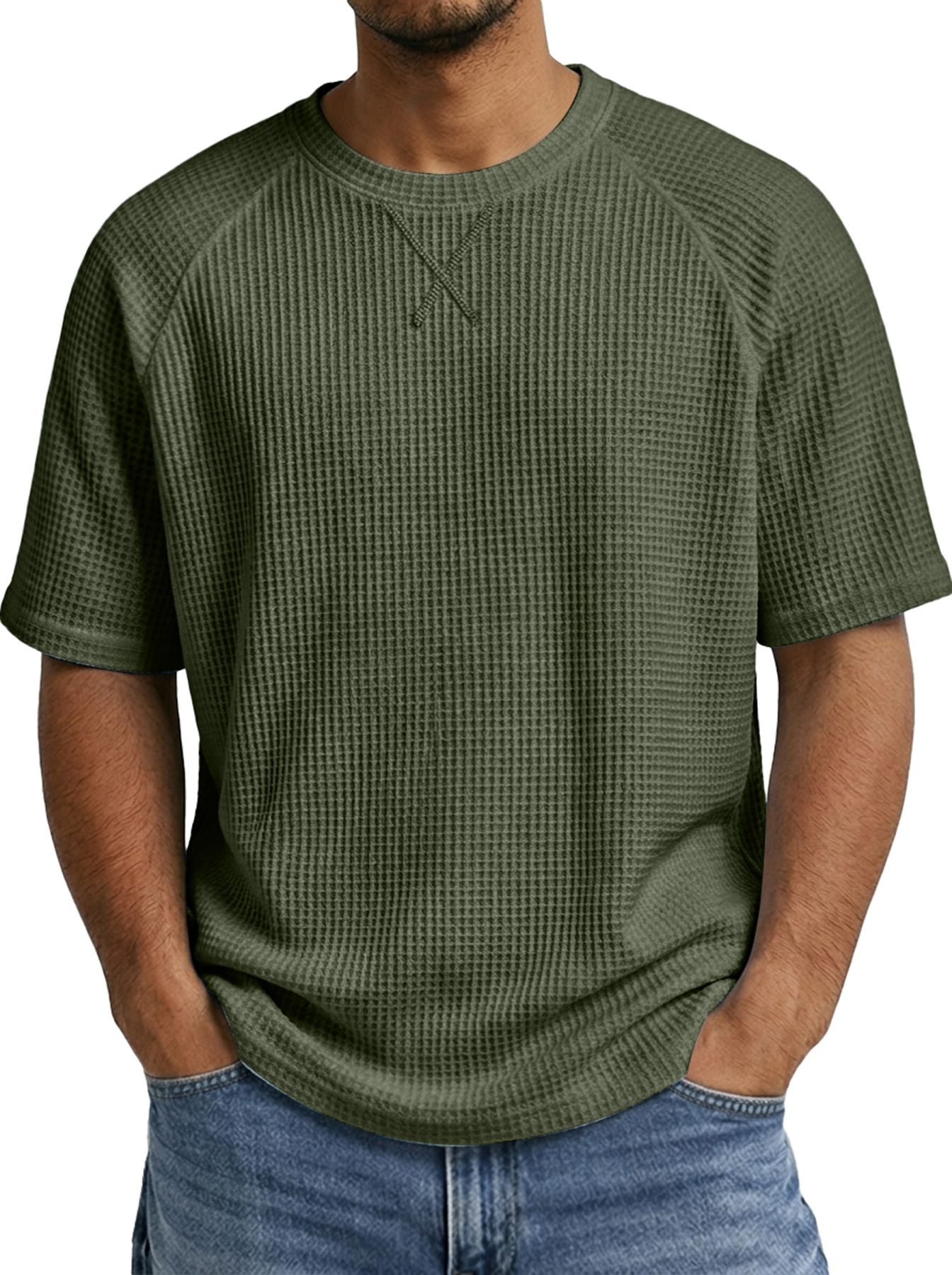 Men's Crew Neck Raglan Waffle Crossover Design Casual Short-Sleeve T-Shirt