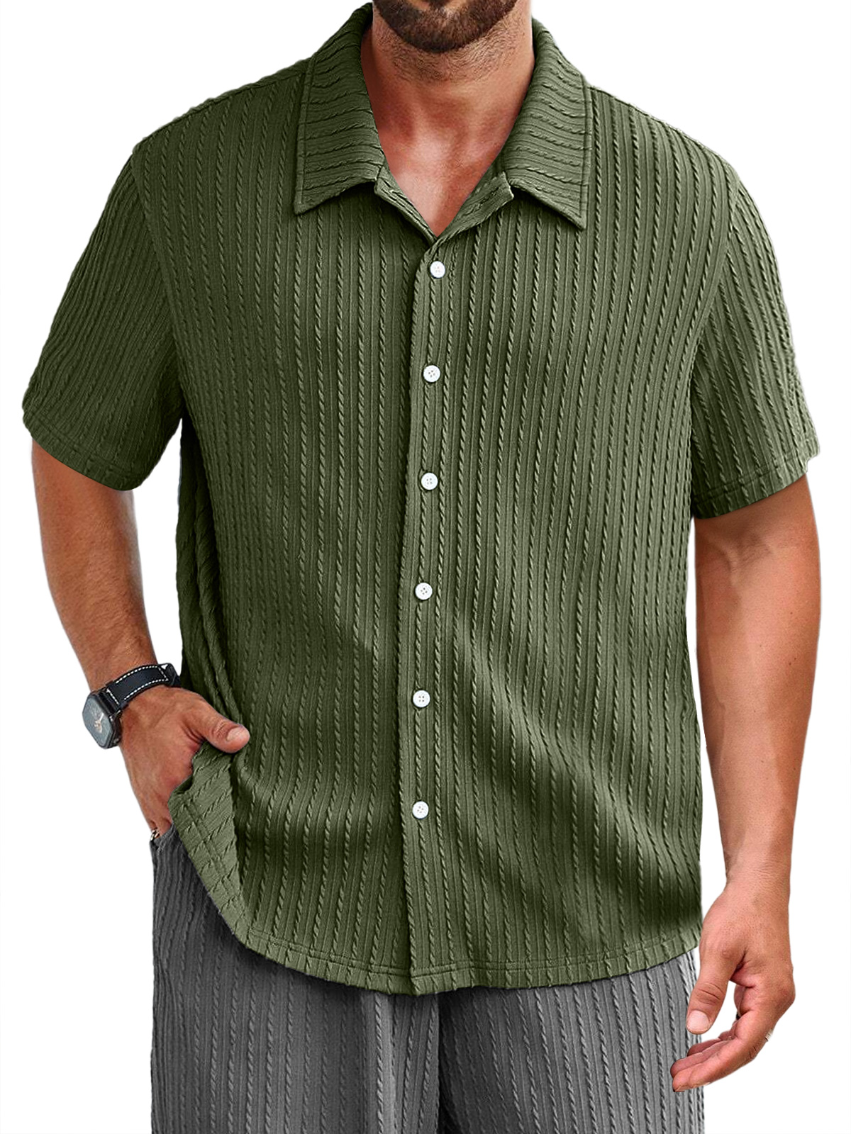 Men's Daily Jacquard Texture Casual Solid Color Short-sleeved Shirt