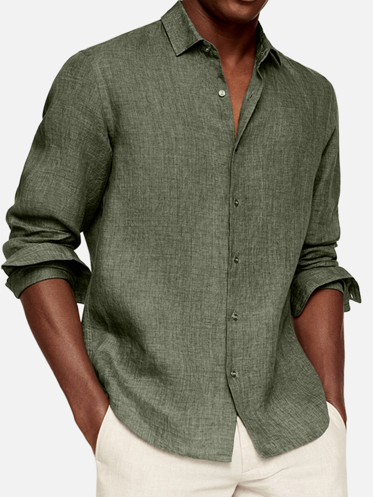 Men's Casual Cotton And Linen Solid Color Lapel Comfortable Long-sleeved Shirt