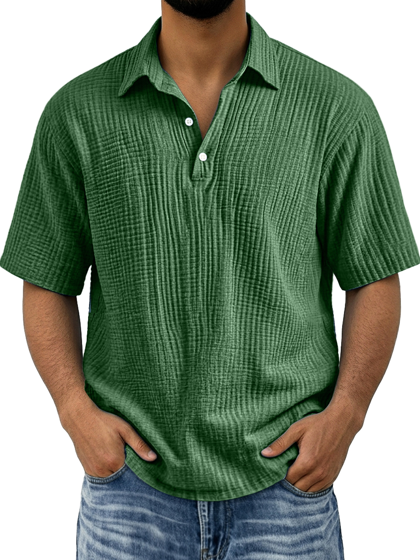 Men's Polo Shirt with Pleated Collar, Button-Down Casual Solid Color Short Sleeve