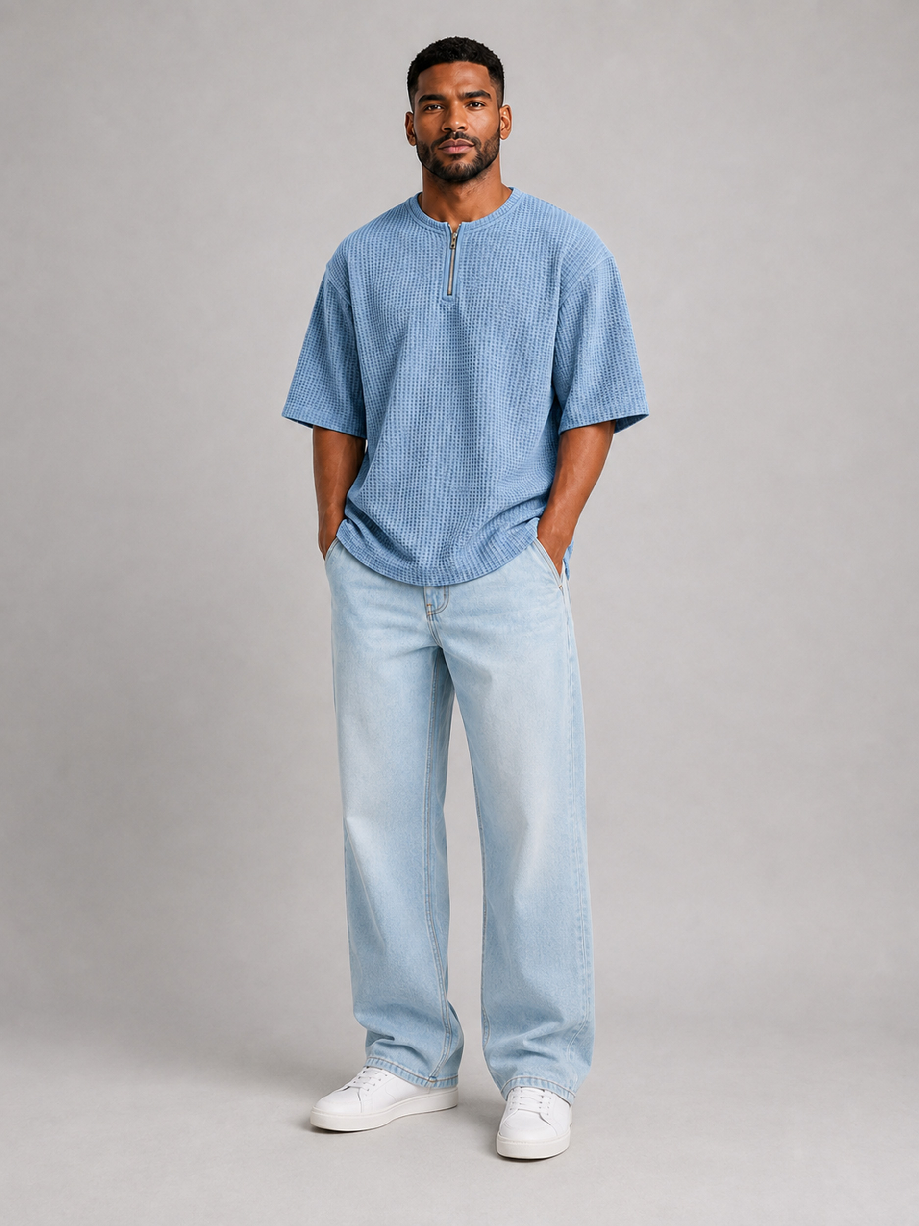 Men's Waffle-Knit Crew-Neck Short-Sleeve T-Shirt with Zipper Detail