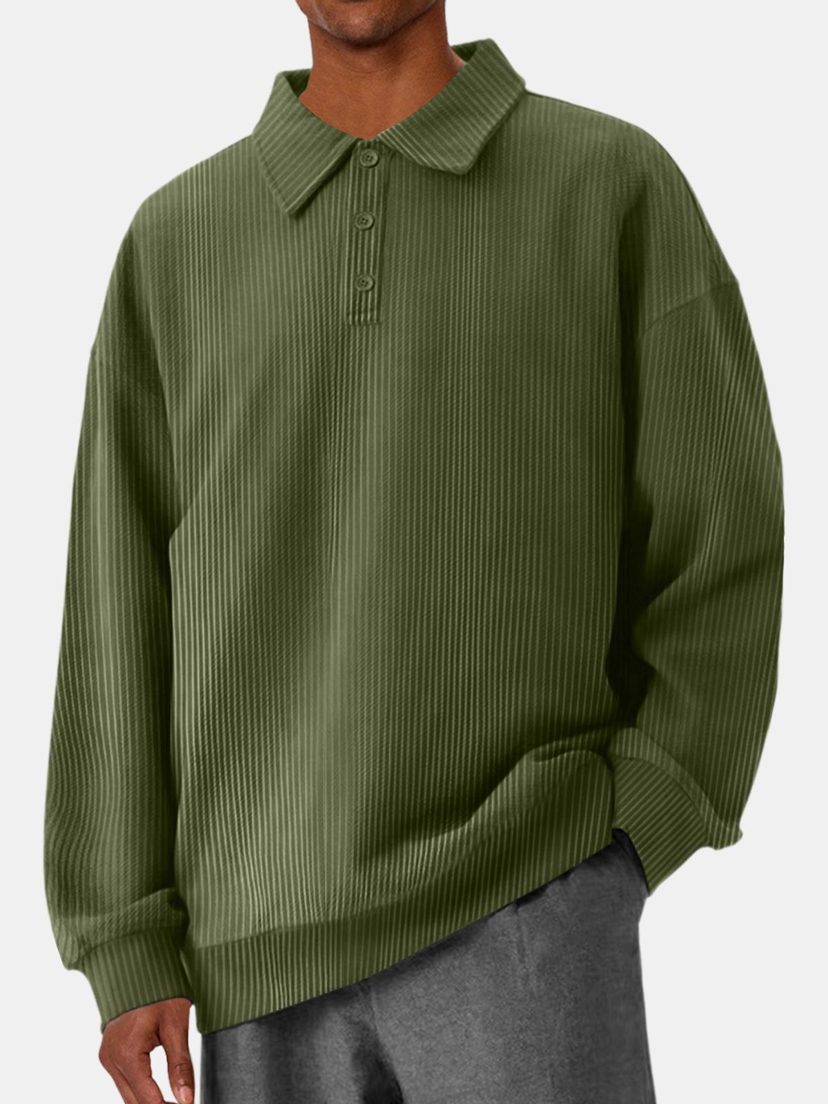 Men's Casual Pit Lapel Button Solid Color Comfortable Polo Sweatshirt