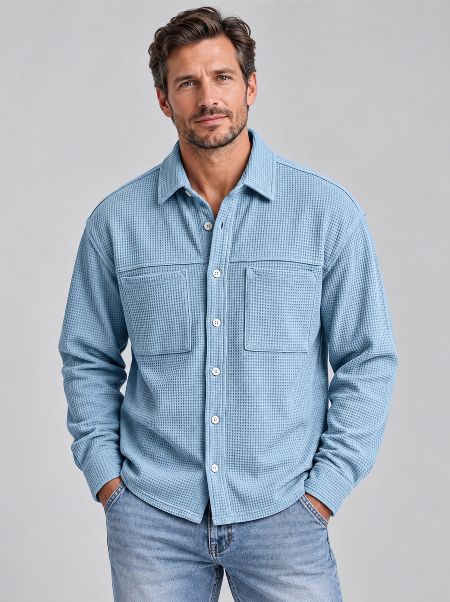 Men's Autumn Casual Long-Sleeve Waffle-Knit Shirt with Dual Pockets