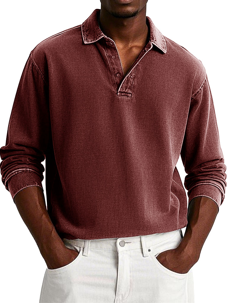 Men's Fashion Casual Retro Distressed Lapel Long-sleeved Polo Shirt 