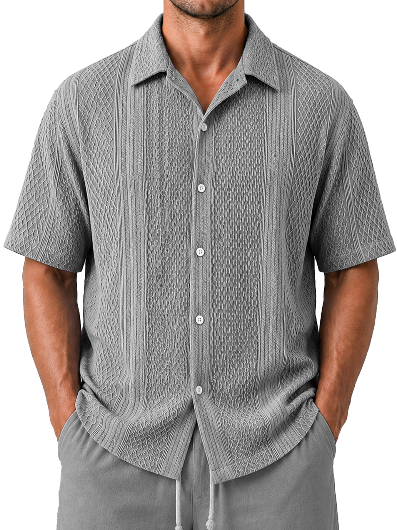 Men's Casual Jacquard Textured Solid Color Short-Sleeve Shirt