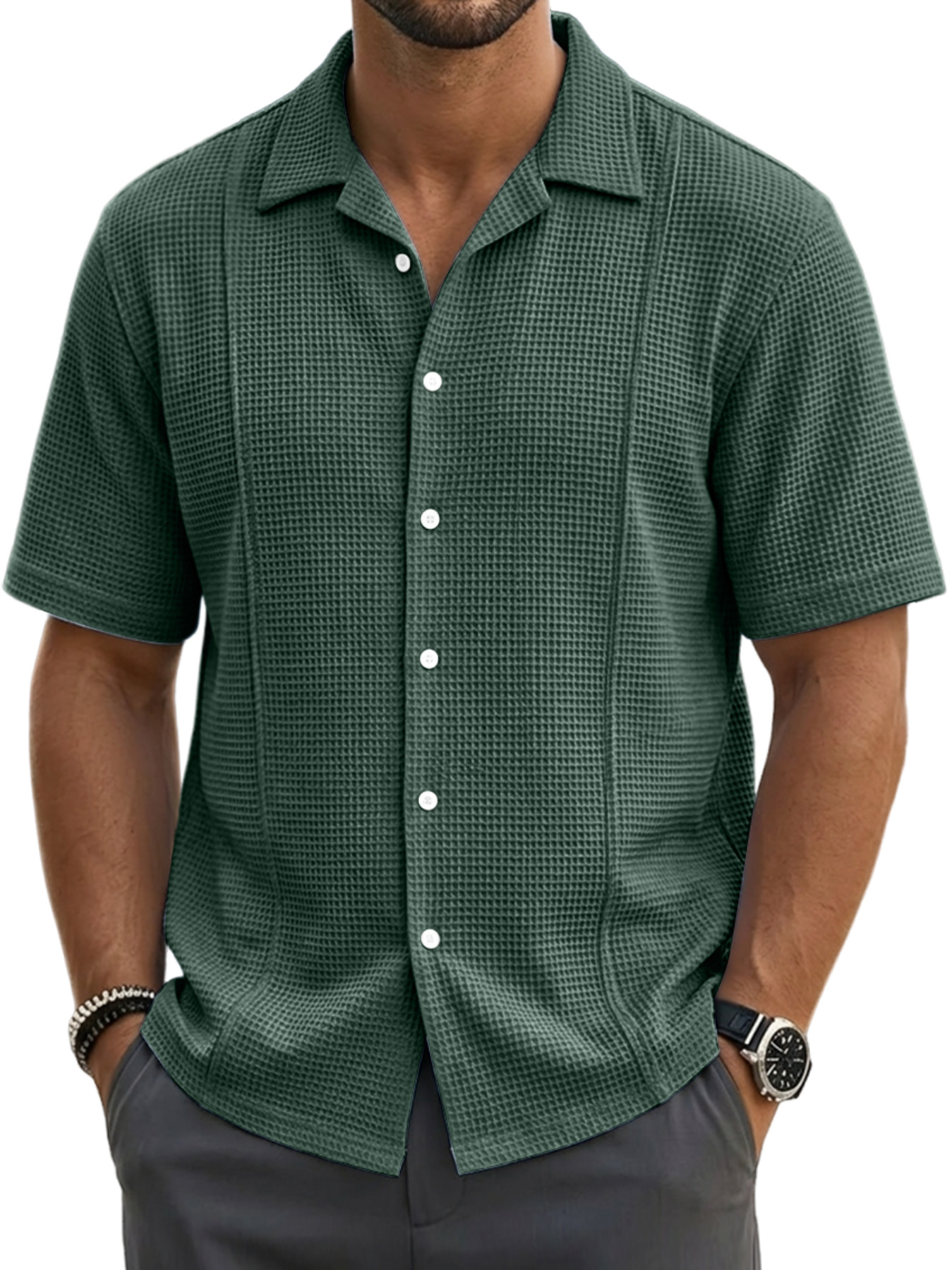 Men's waffle-knit deconstructed casual short-sleeved shirt