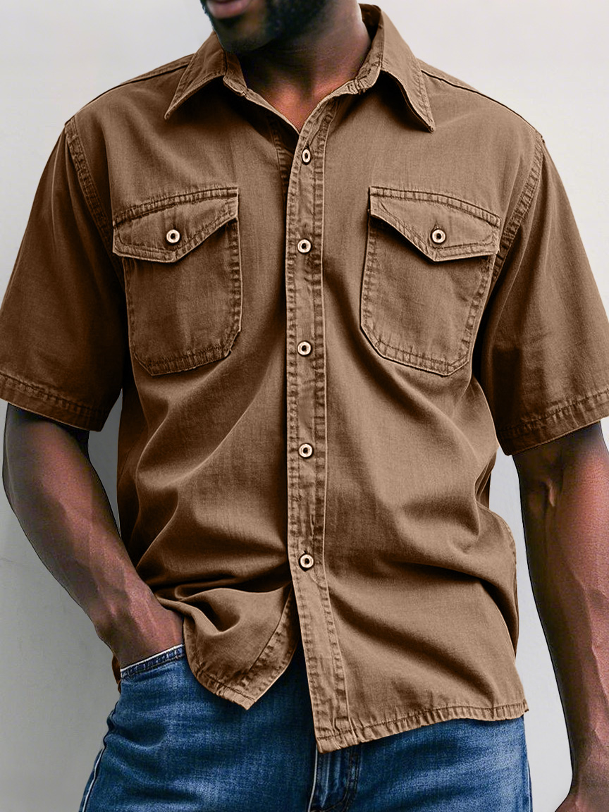 Men's Retro Workwear Double Pocket Casual Solid Color Short Sleeve Shirt