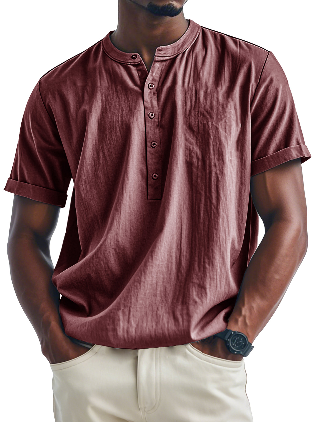 Men's Fashion Casual Stand Collar Multi-Button Short Sleeve Henley Shirt