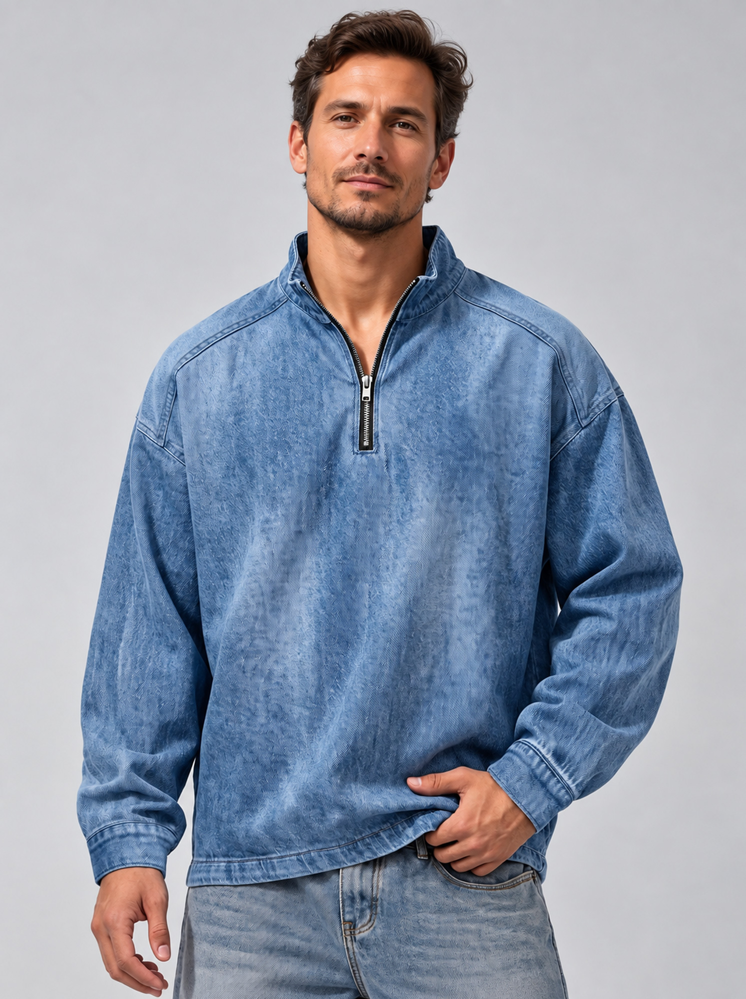 Men's Vintage Denim-Style Stand-Collar Zip-Front Casual T-Shirt