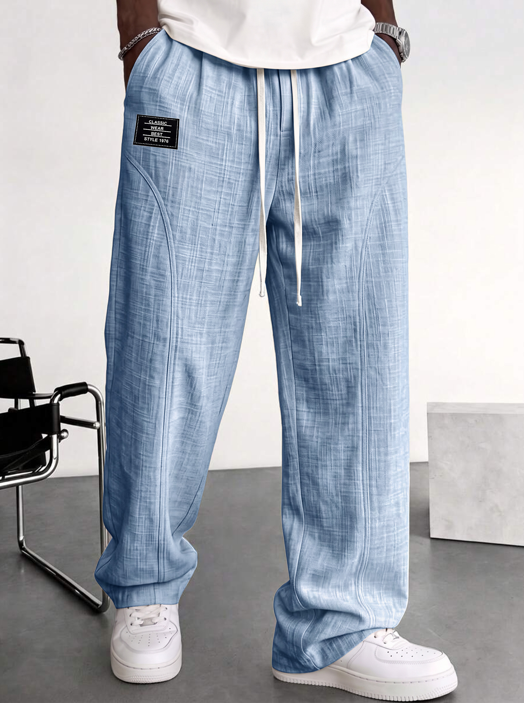 Men's Comfortable Cotton-Linen Casual Trousers with Deconstructed Design and Embroidered Logo